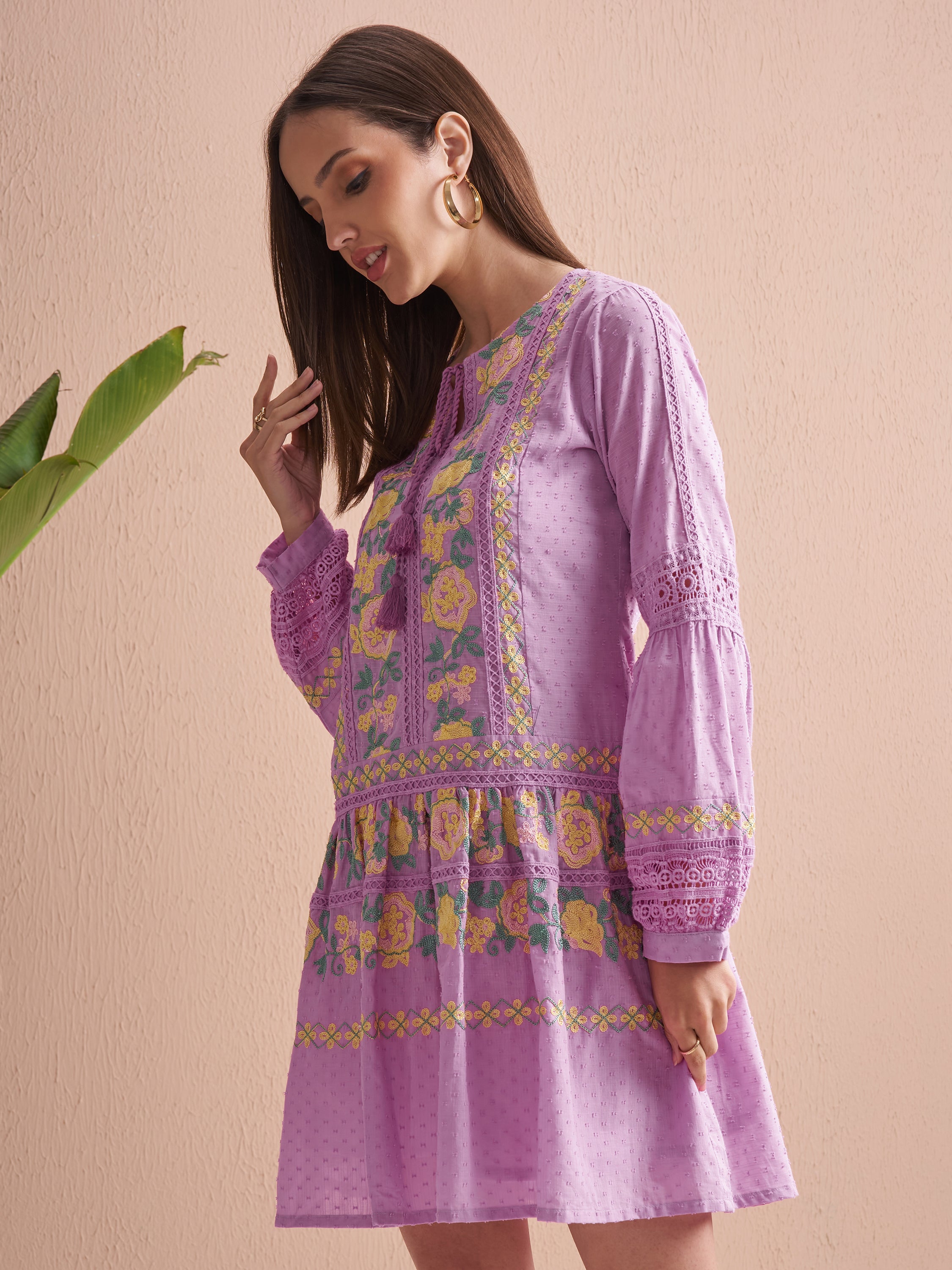 Vishudh Women Lavender Embroidered Fit and Flare Dress - Lavender - Image 4