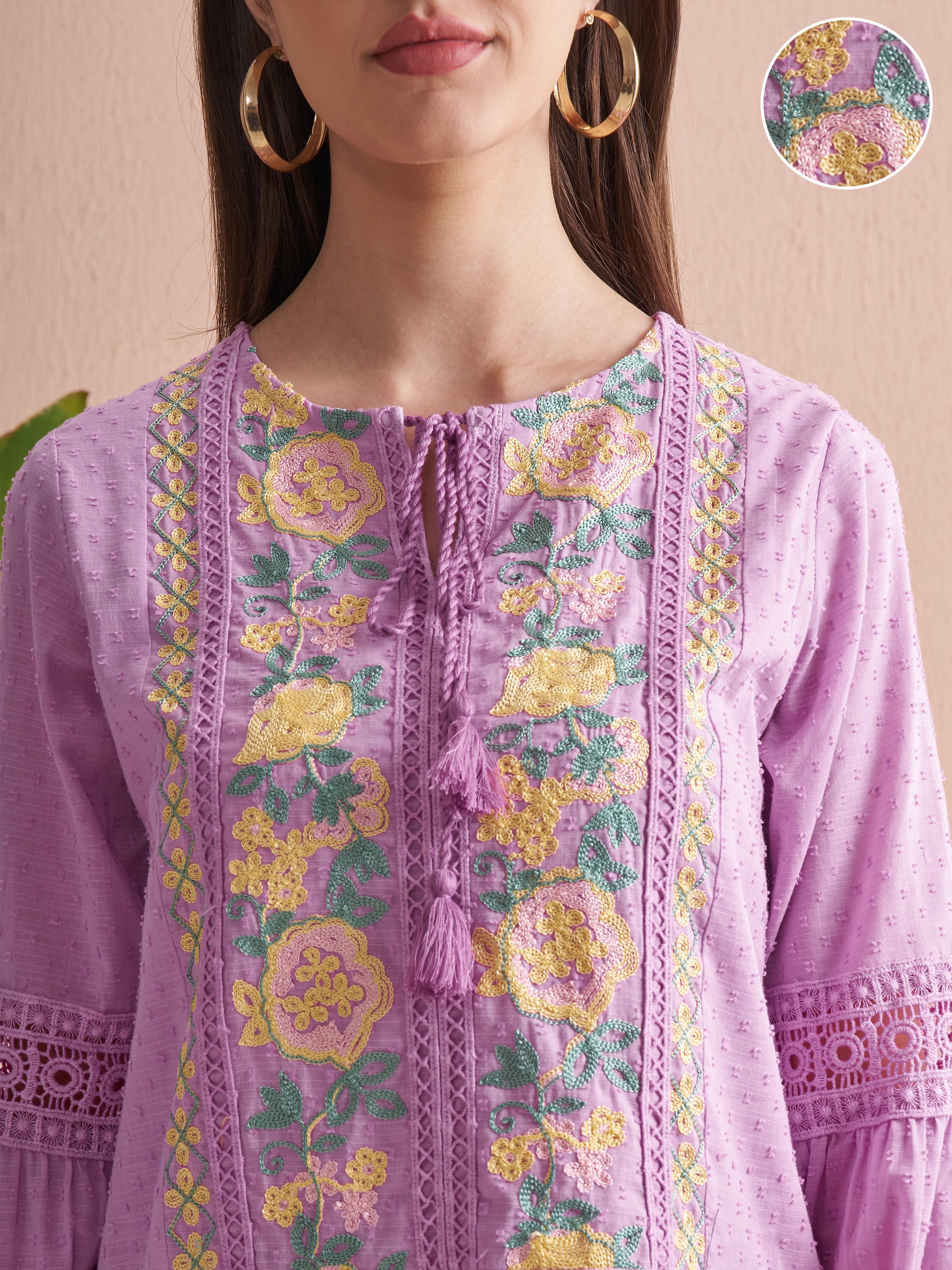 Vishudh Women Lavender Embroidered Fit and Flare Dress - Lavender - Image 5