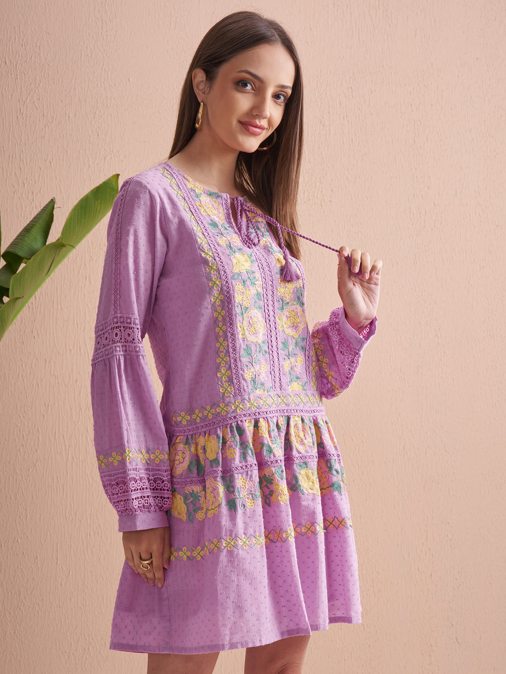Vishudh Women Lavender Embroidered Fit and Flare Dress - Lavender - Image 6