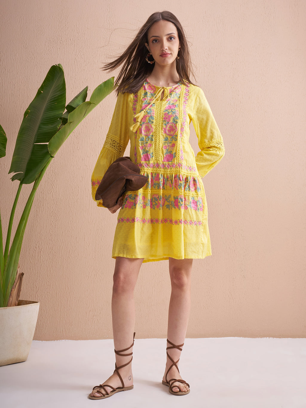 Vishudh Women Yellow Embroidered Fit and Flare Dress - Yellow - Image 2