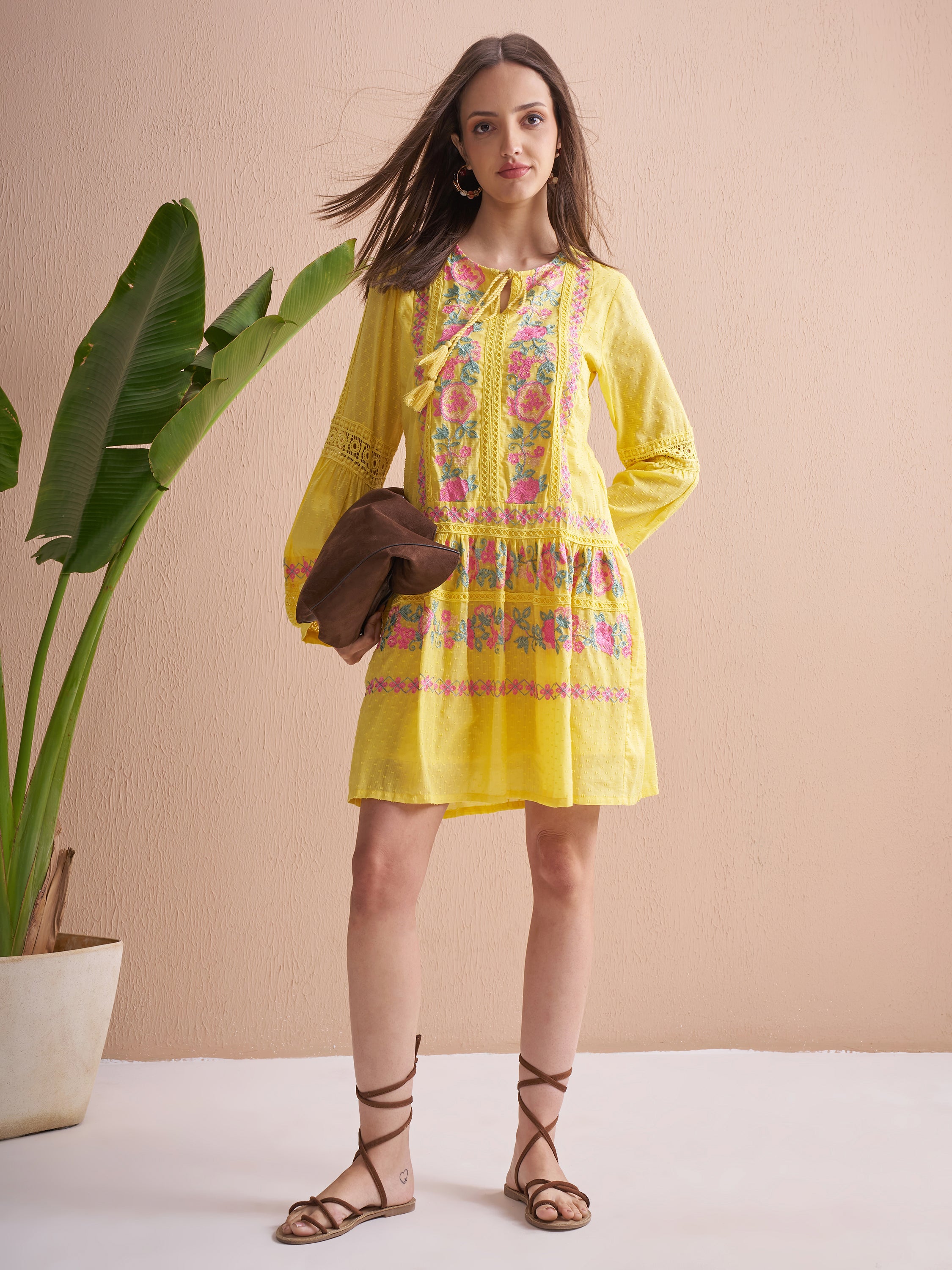 Vishudh Women Yellow Embroidered Fit and Flare Dress - Yellow - Image 2