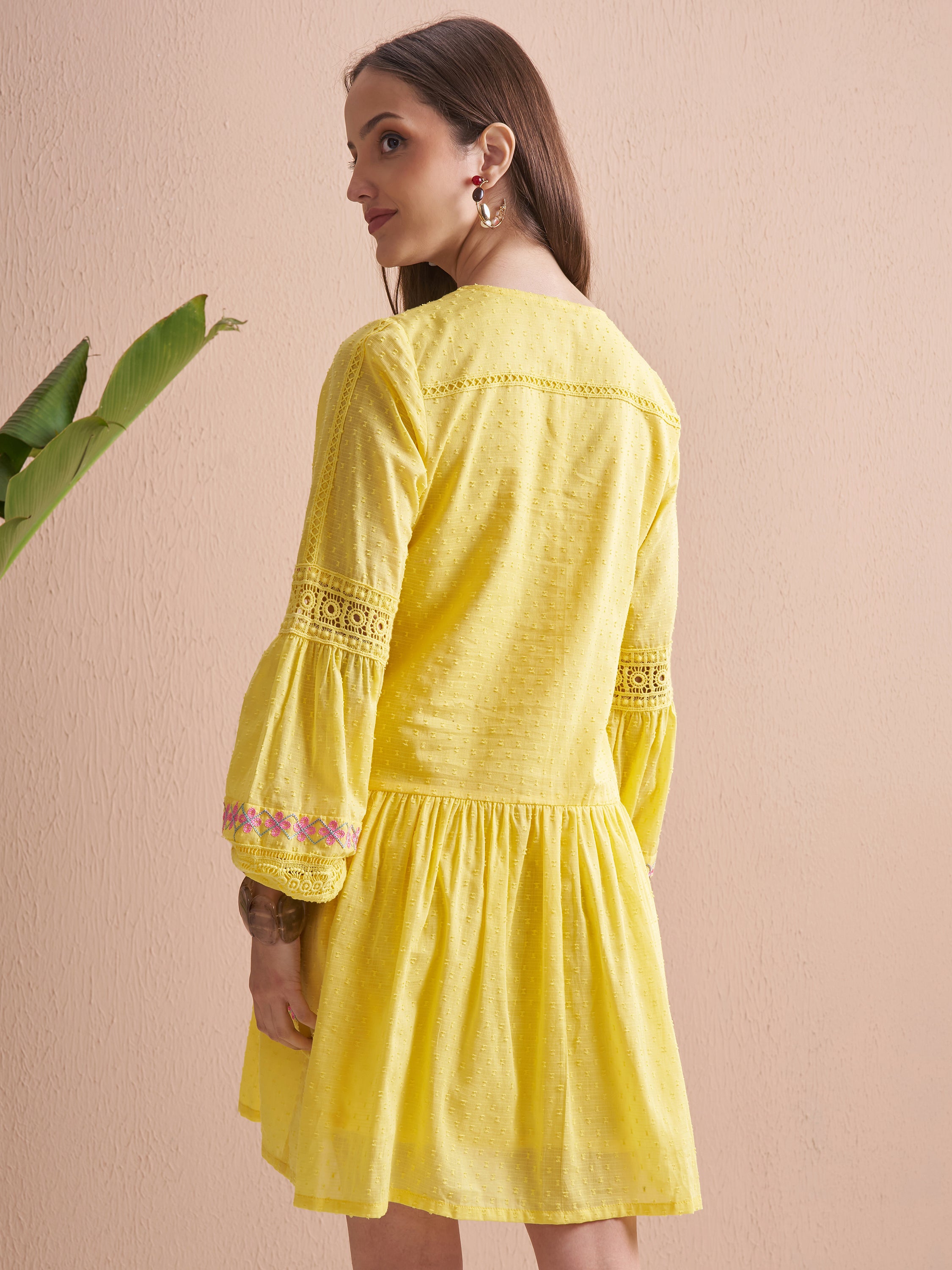 Vishudh Women Yellow Embroidered Fit and Flare Dress - Yellow - Image 3