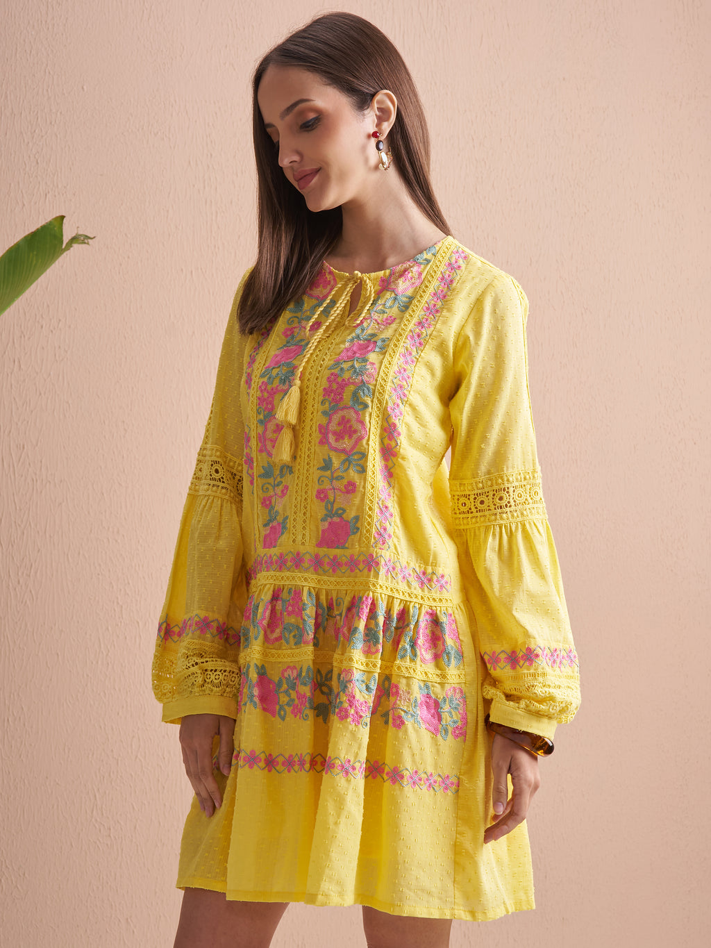 Vishudh Women Yellow Embroidered Fit and Flare Dress - Yellow - Image 4