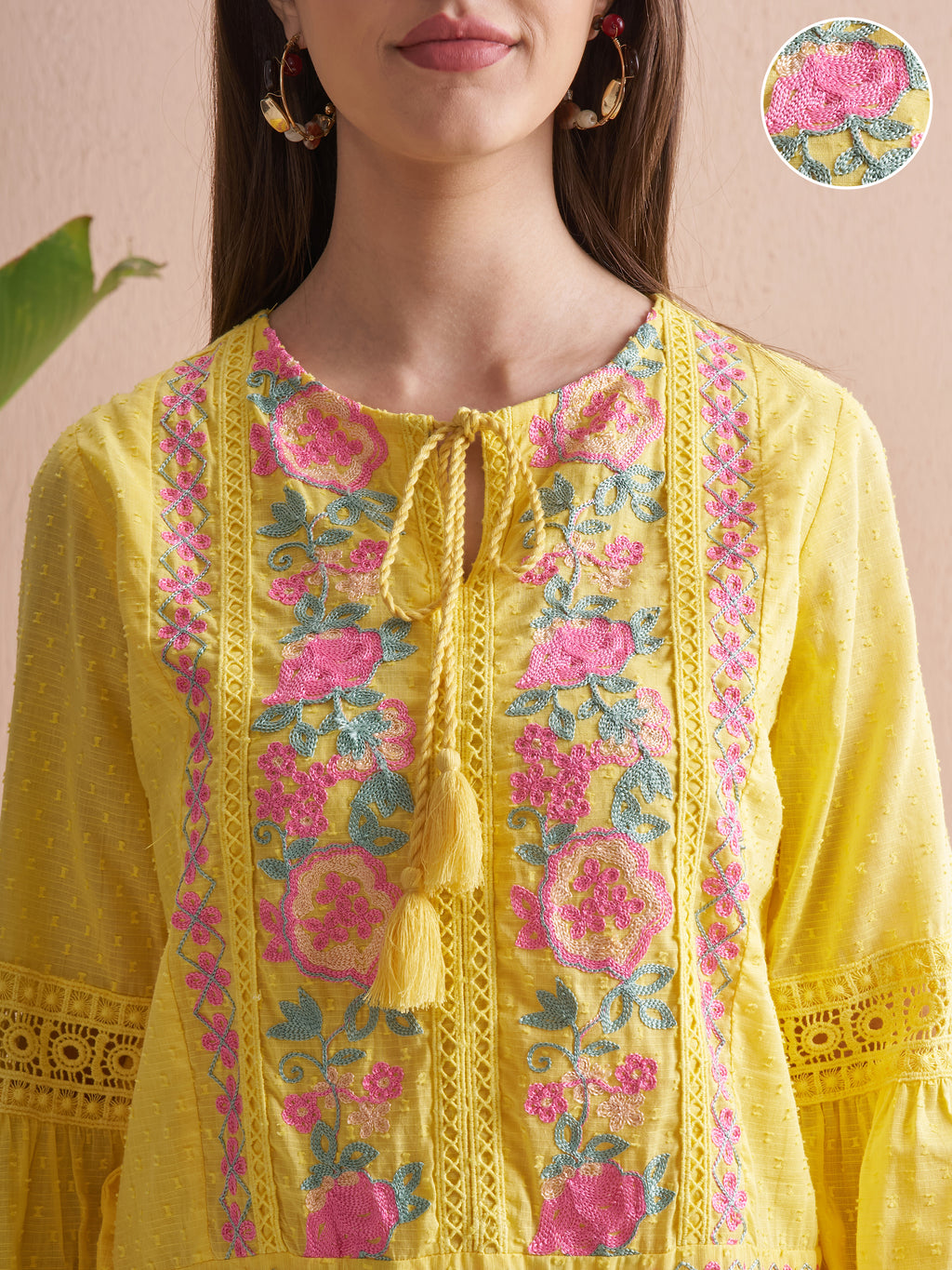 Vishudh Women Yellow Embroidered Fit and Flare Dress - Yellow - Image 5