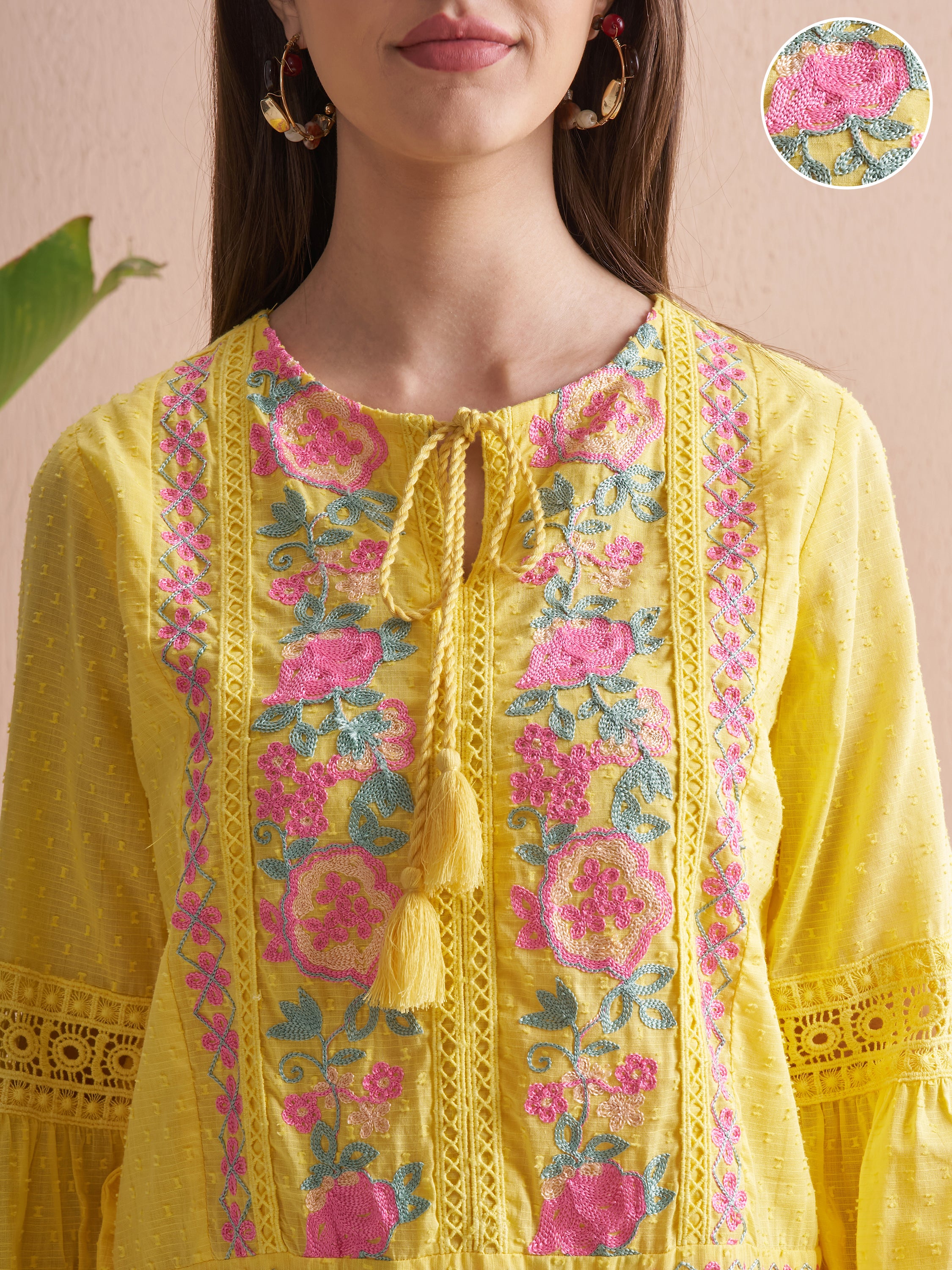 Vishudh Women Yellow Embroidered Fit and Flare Dress - Yellow - Image 5