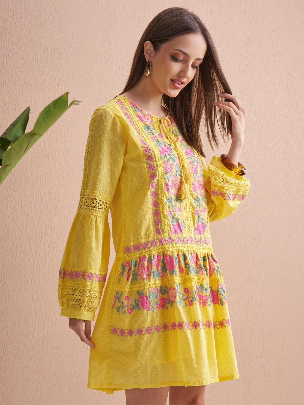 Vishudh Women Yellow Embroidered Fit and Flare Dress - Yellow - Image 6