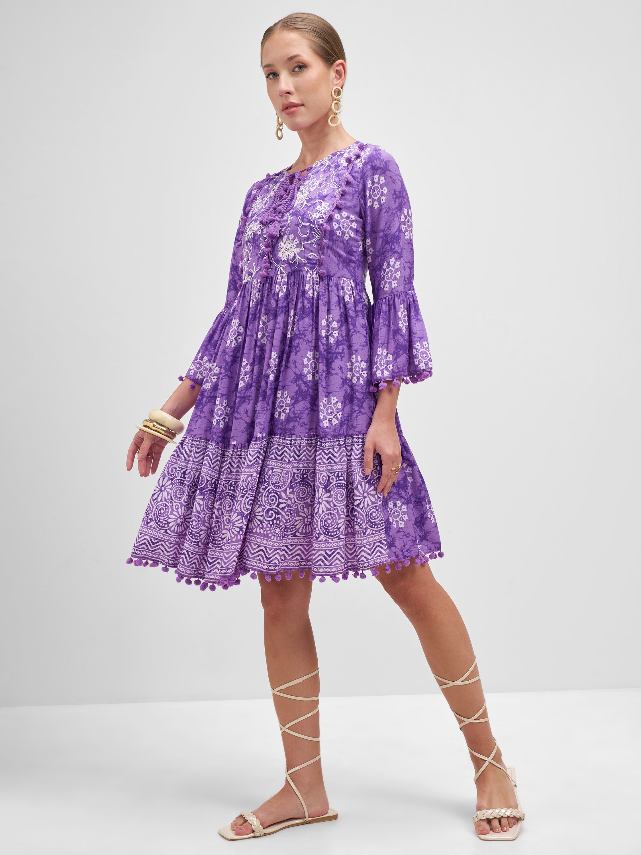 Vishudh Women Purple Embroidered Fit and Flare Dress - Purple - Image 2