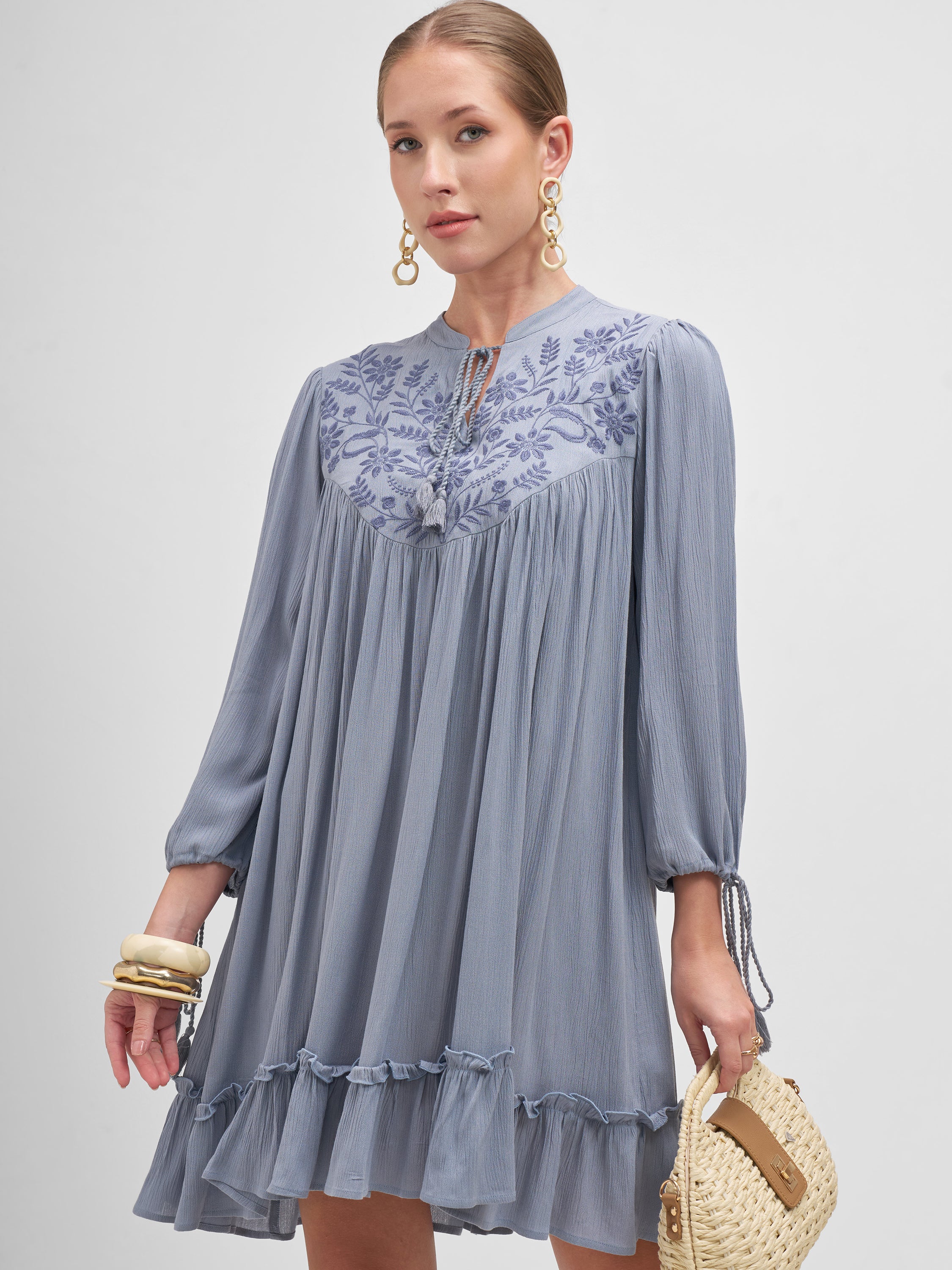 Vishudh Women Blue Embroidered A-Line Dress - Blue - Image 1