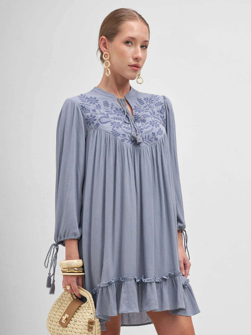 Vishudh Women Blue Embroidered A-Line Dress - Blue - Image 6
