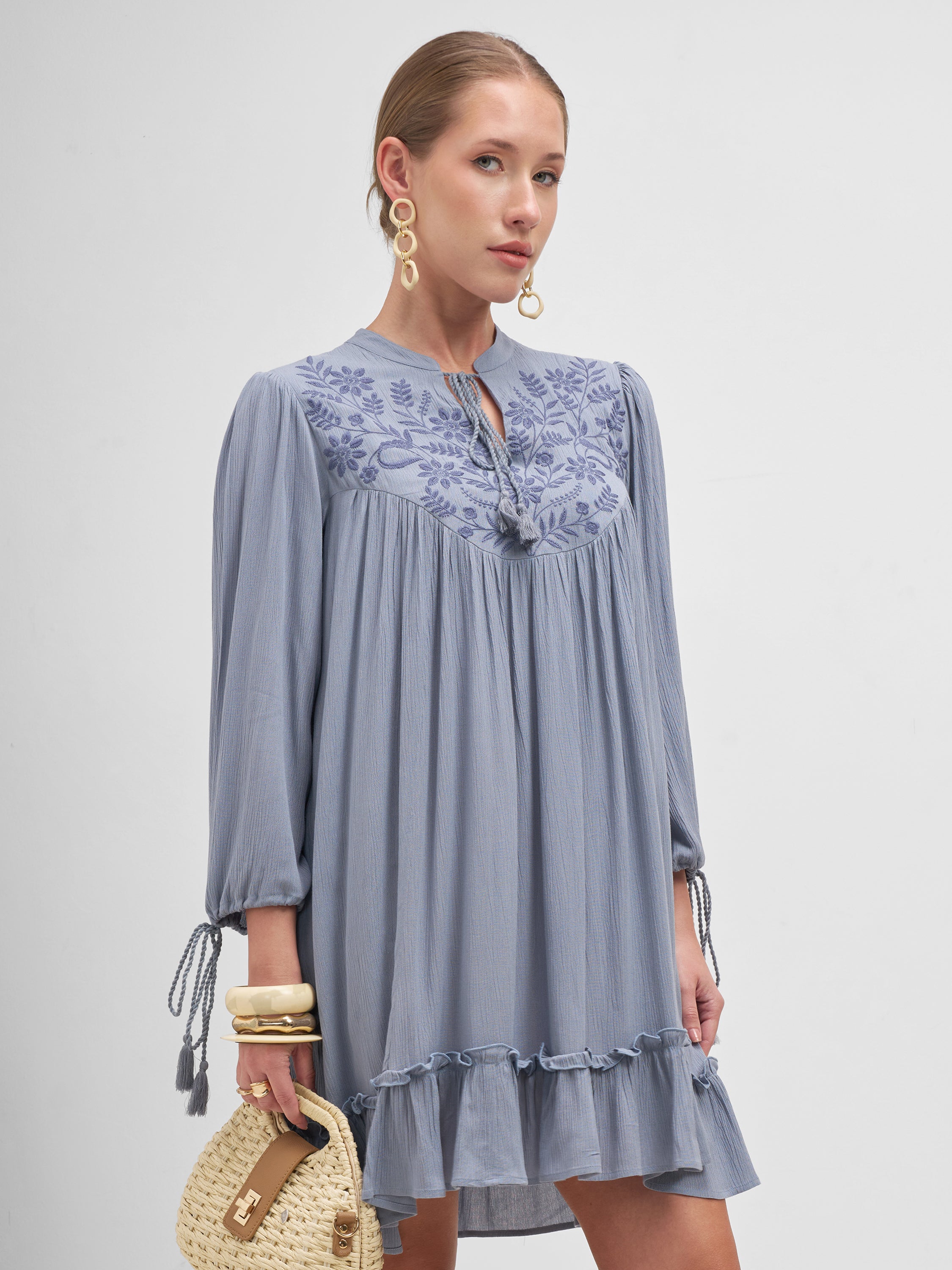 Vishudh Women Blue Embroidered A-Line Dress - Blue - Image 6
