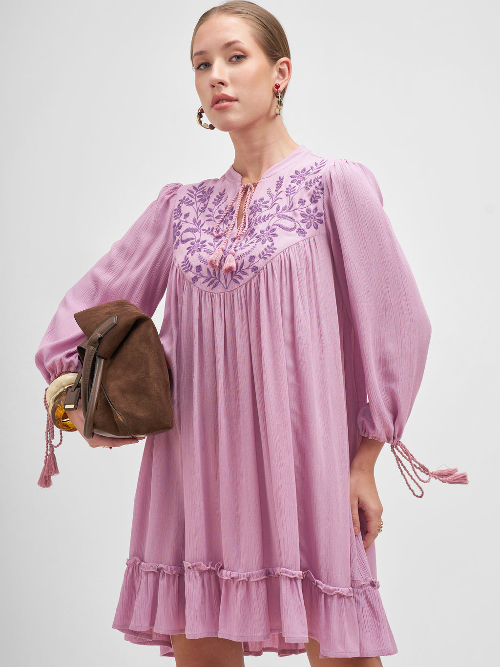 Vishudh Women Mauve Embroidered A-Line Dress - Mauve - Image 1