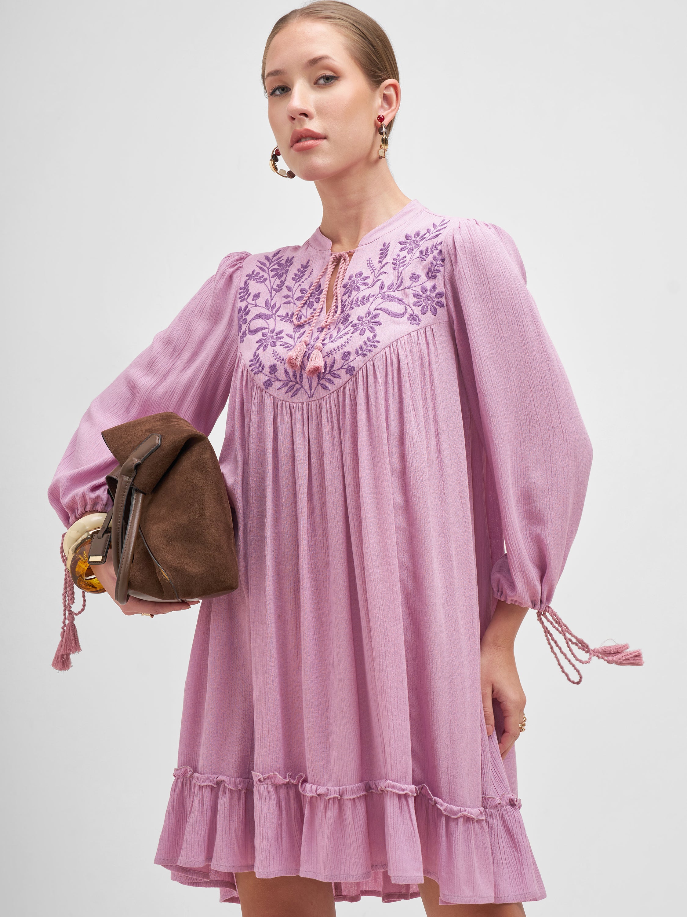 Vishudh Women Mauve Embroidered A-Line Dress - Mauve - Image 1