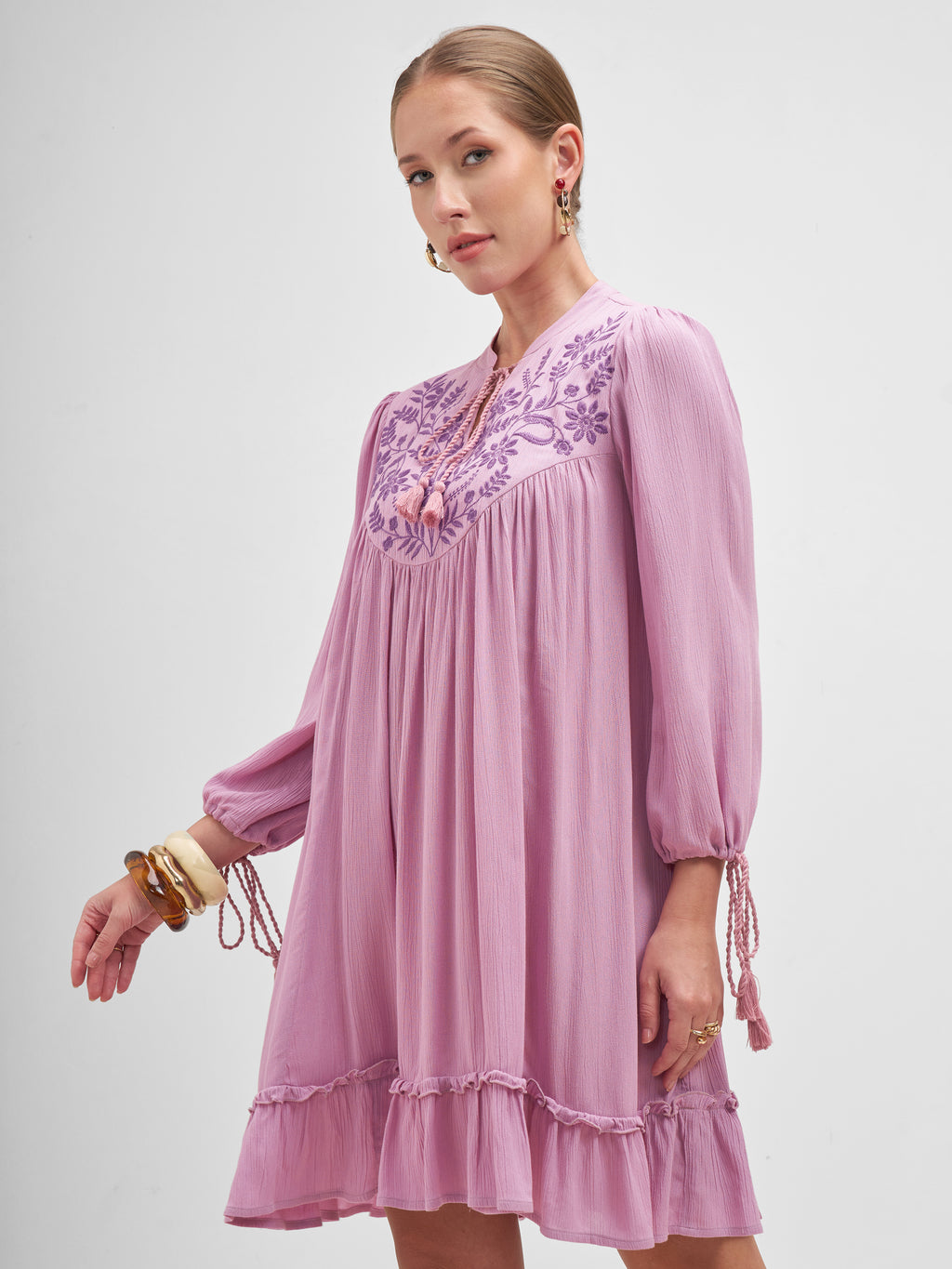 Vishudh Women Mauve Embroidered A-Line Dress - Mauve - Image 4