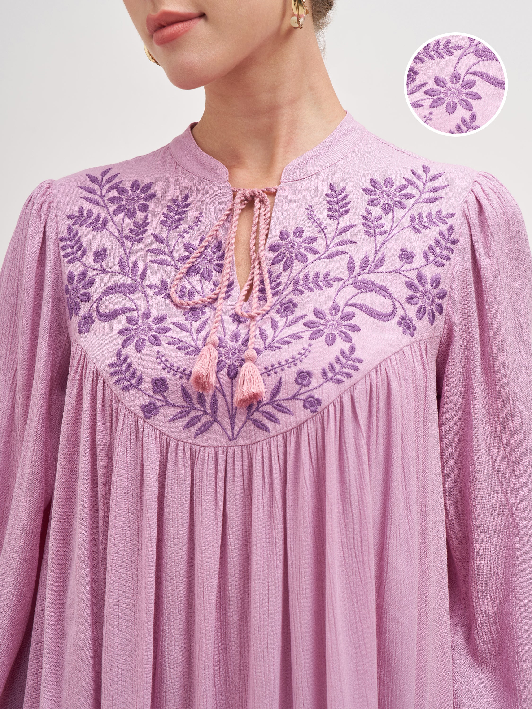 Vishudh Women Mauve Embroidered A-Line Dress - Mauve - Image 5