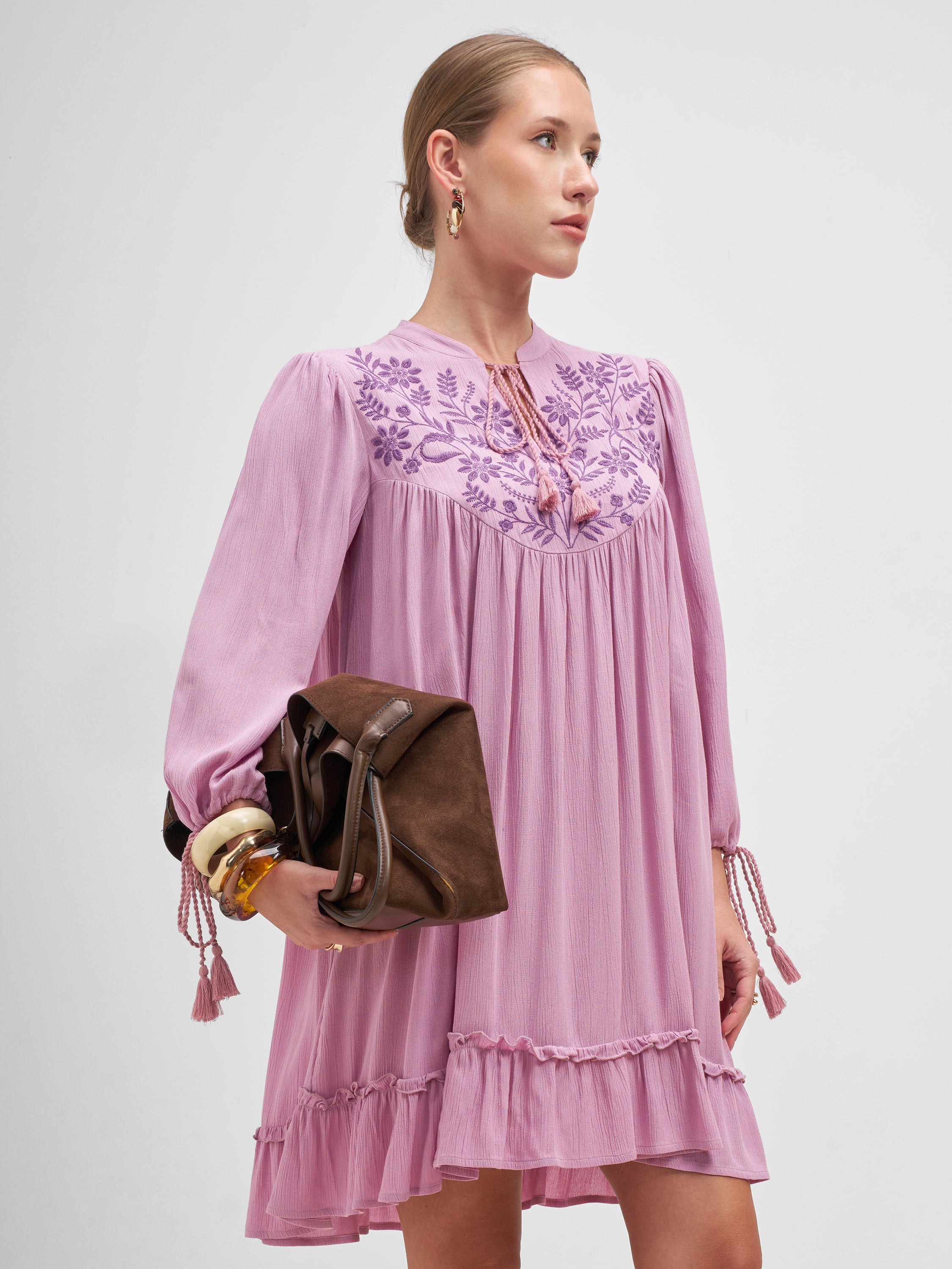 Vishudh Women Mauve Embroidered A-Line Dress - Mauve - Image 6