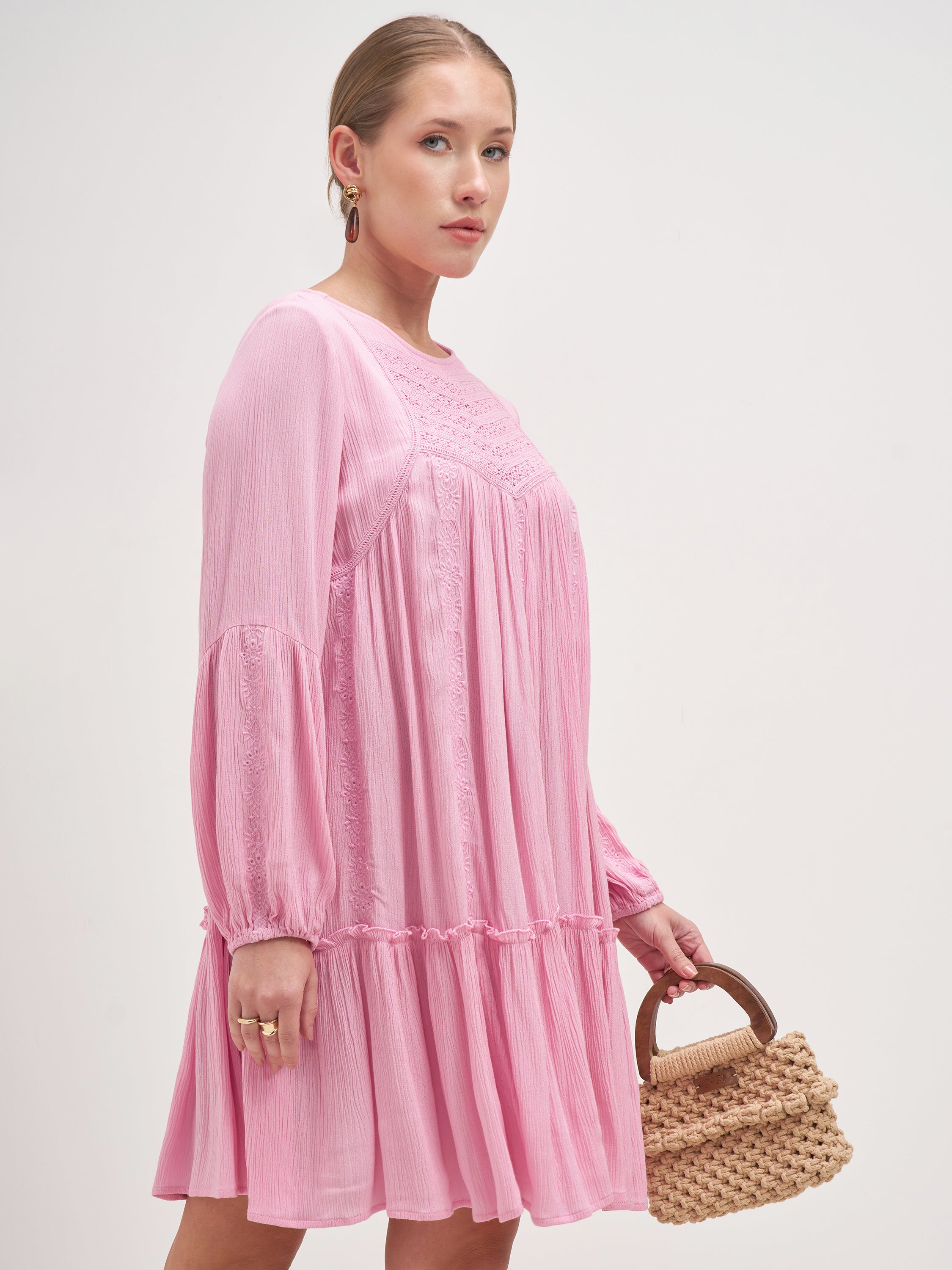 Vishudh Women Pink Embroidered A-Line Dress - Pink - Image 6