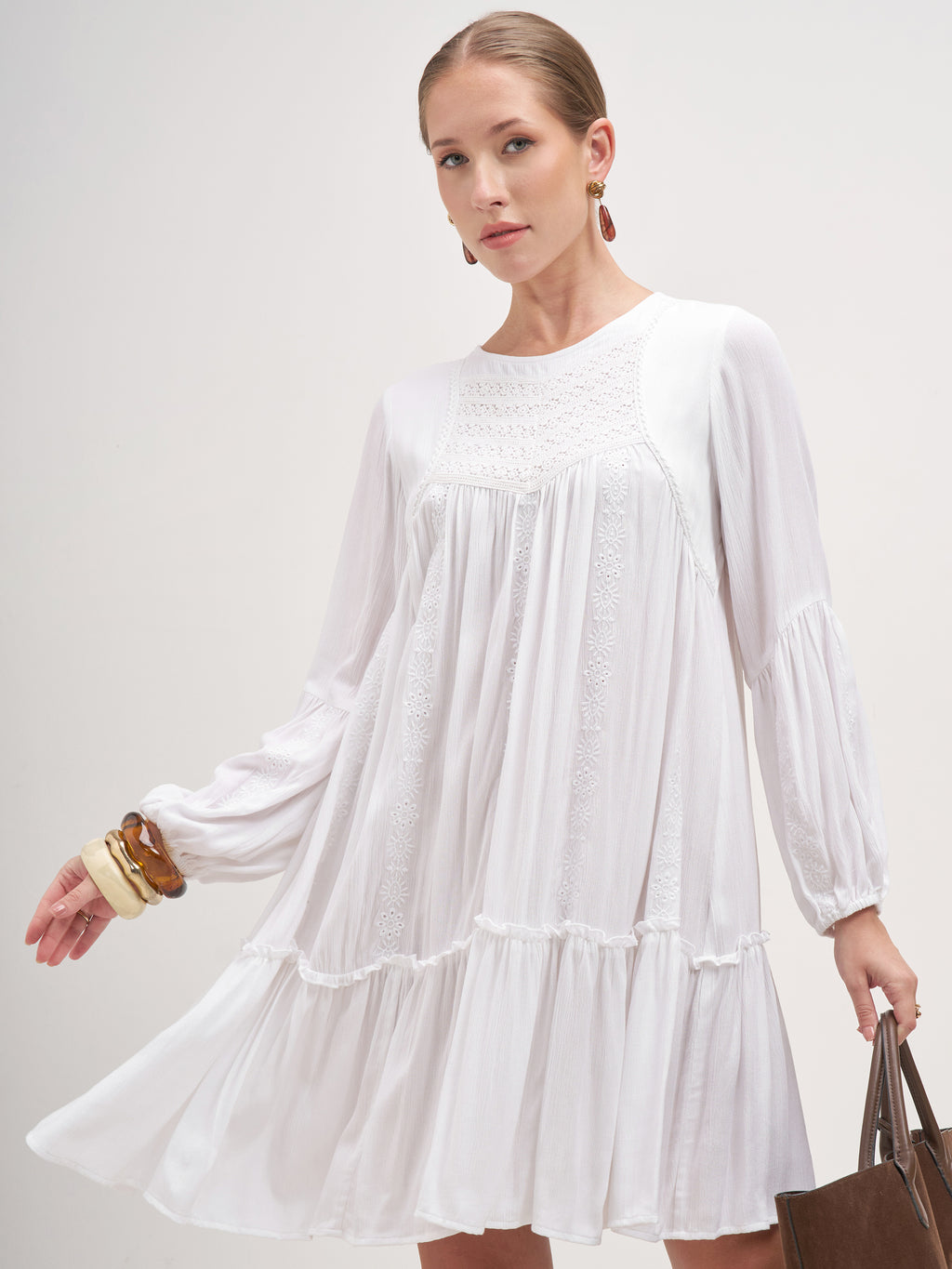 Vishudh Women White Embroidered A-Line Dress - White - Image 1