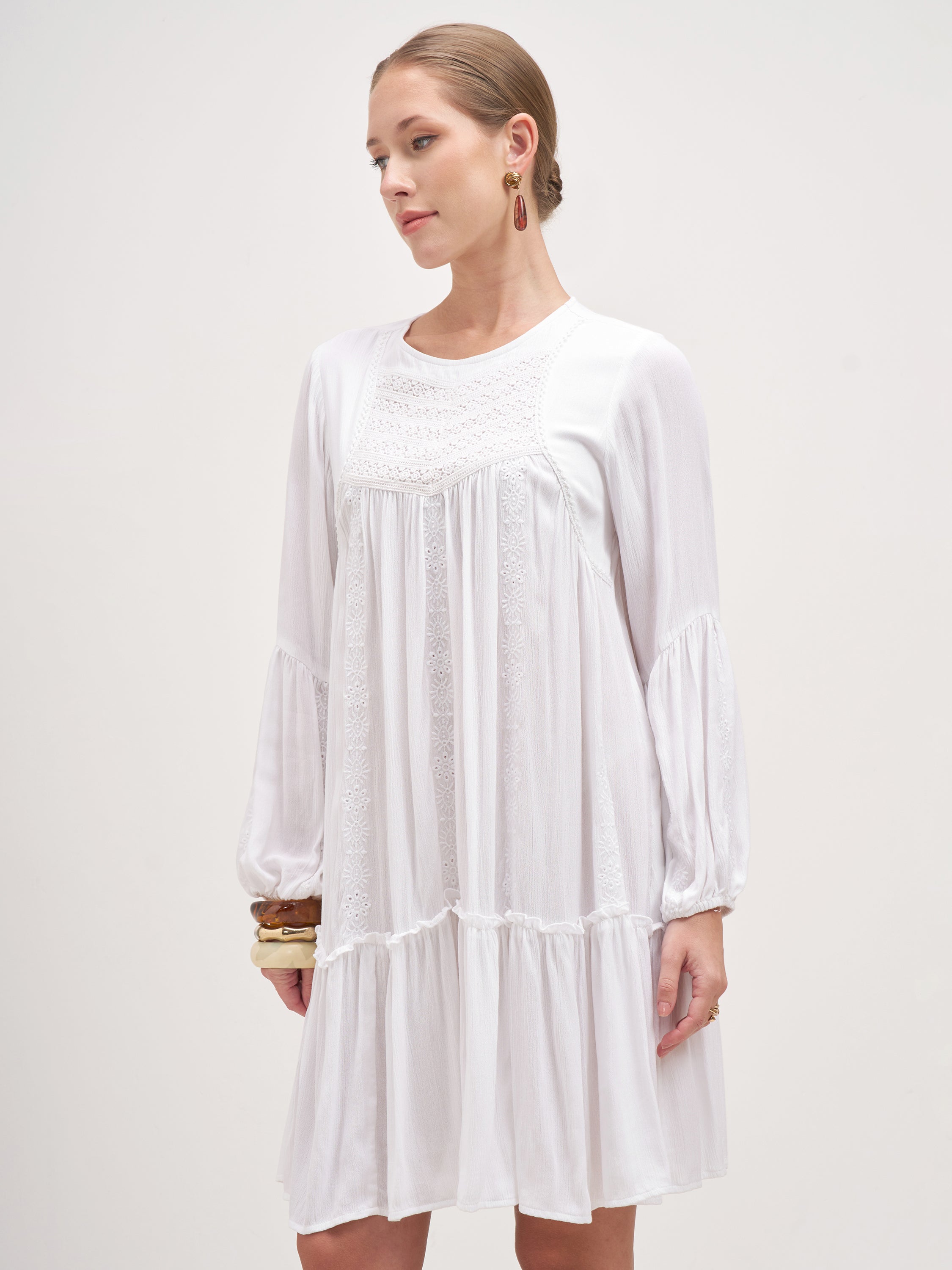 Vishudh Women White Embroidered A-Line Dress - White - Image 4