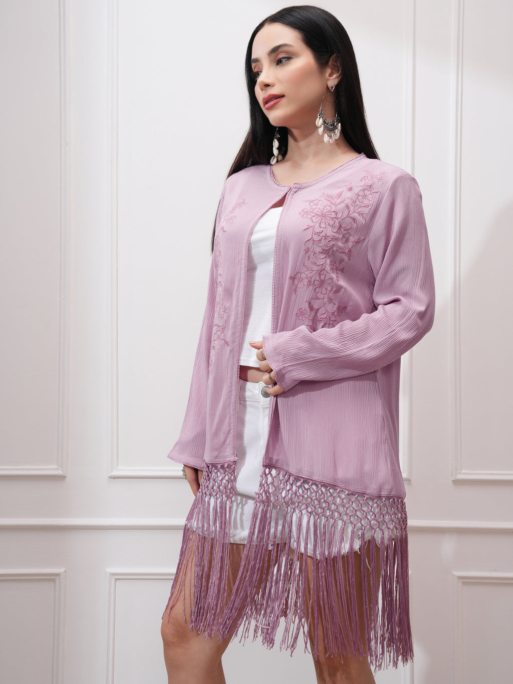 Vishudh Women Pink Embroidered Shrug - Pink - Image 4