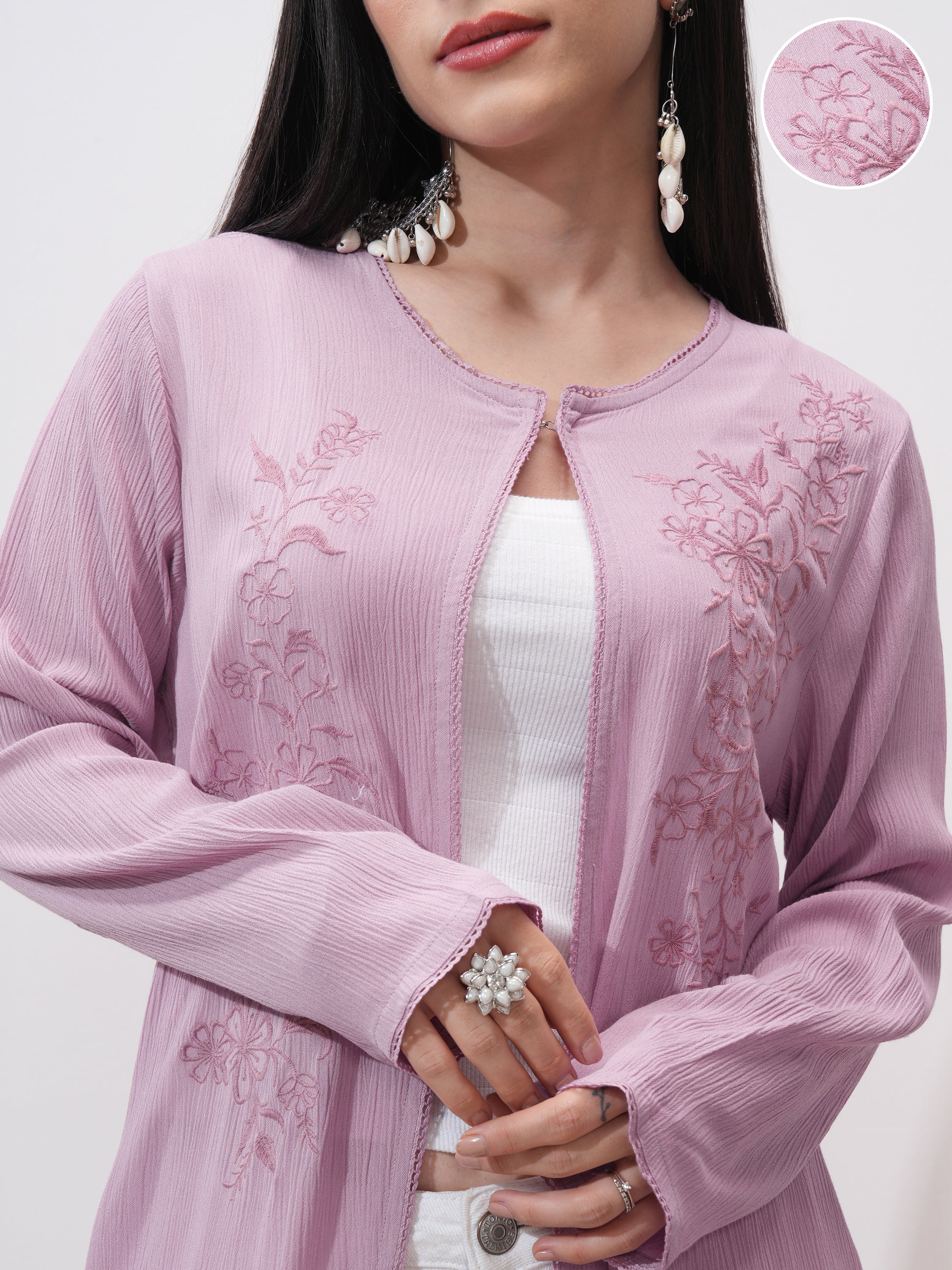 Vishudh Women Pink Embroidered Shrug - Pink - Image 5