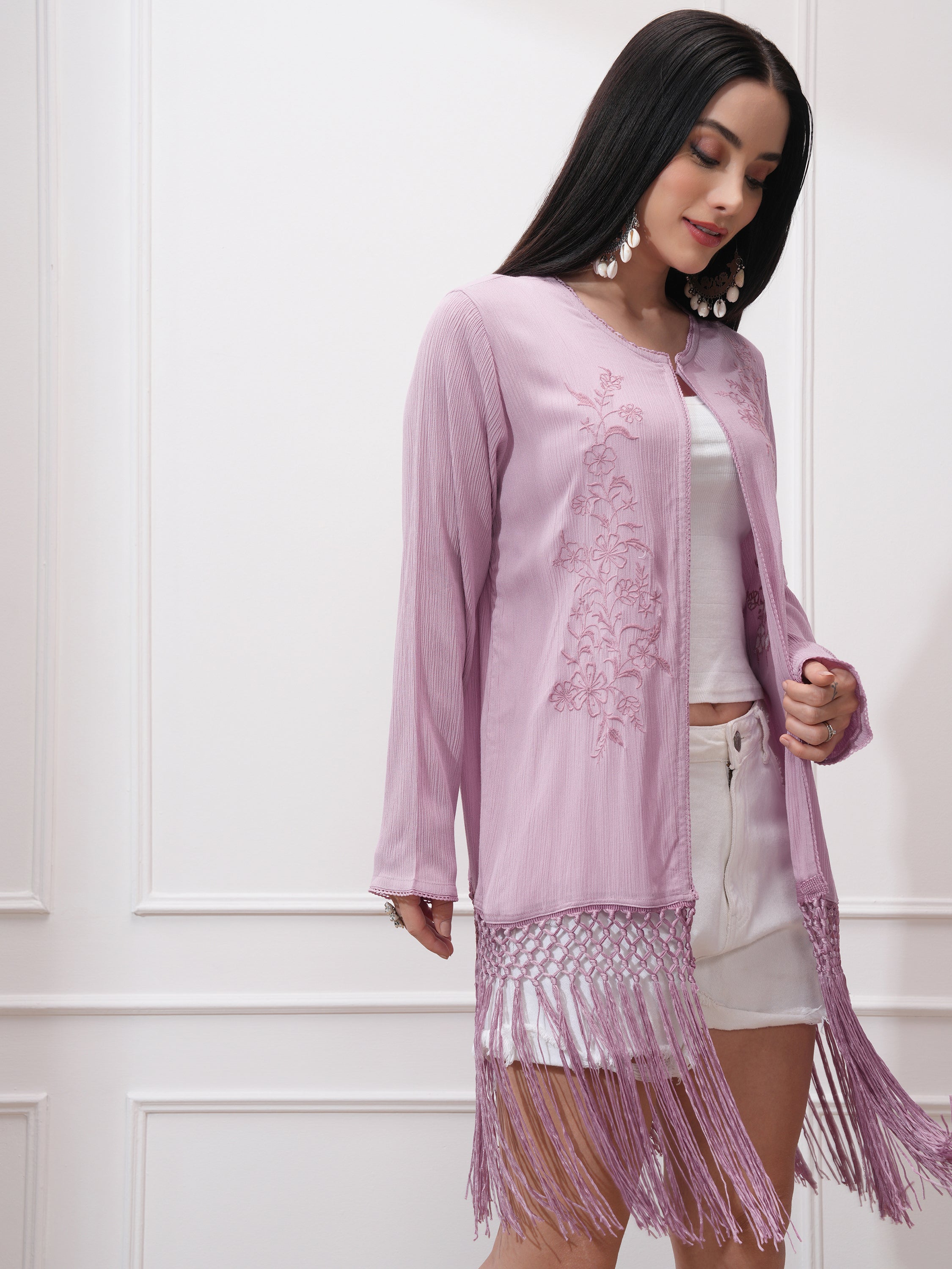 Vishudh Women Pink Embroidered Shrug - Pink - Image 6