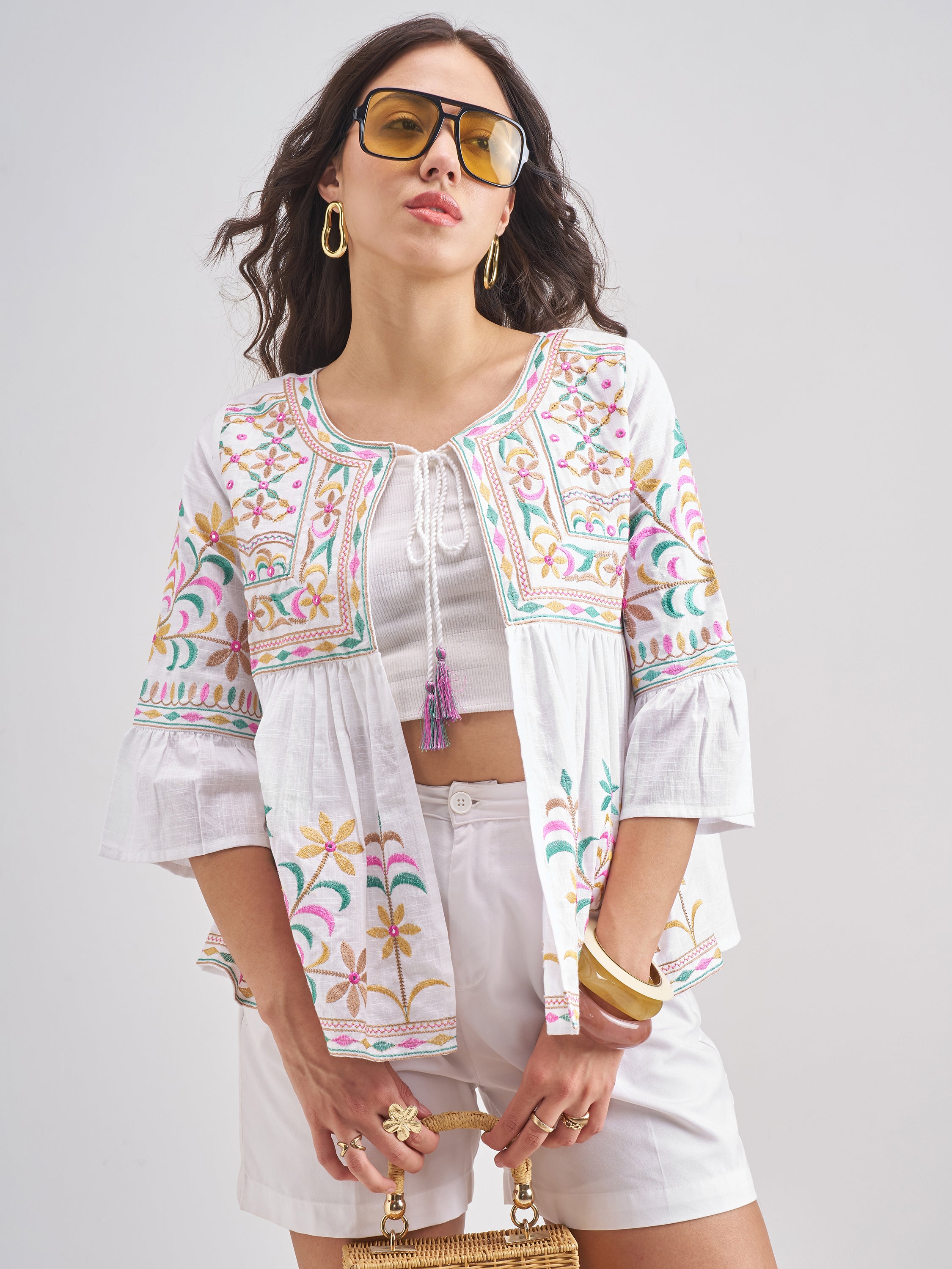 Vishudh Women WhiteEmbroidered Shrug - White - Image 1