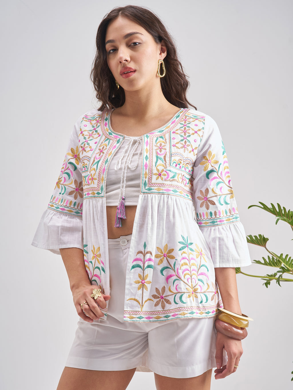 Vishudh Women WhiteEmbroidered Shrug - White - Image 4