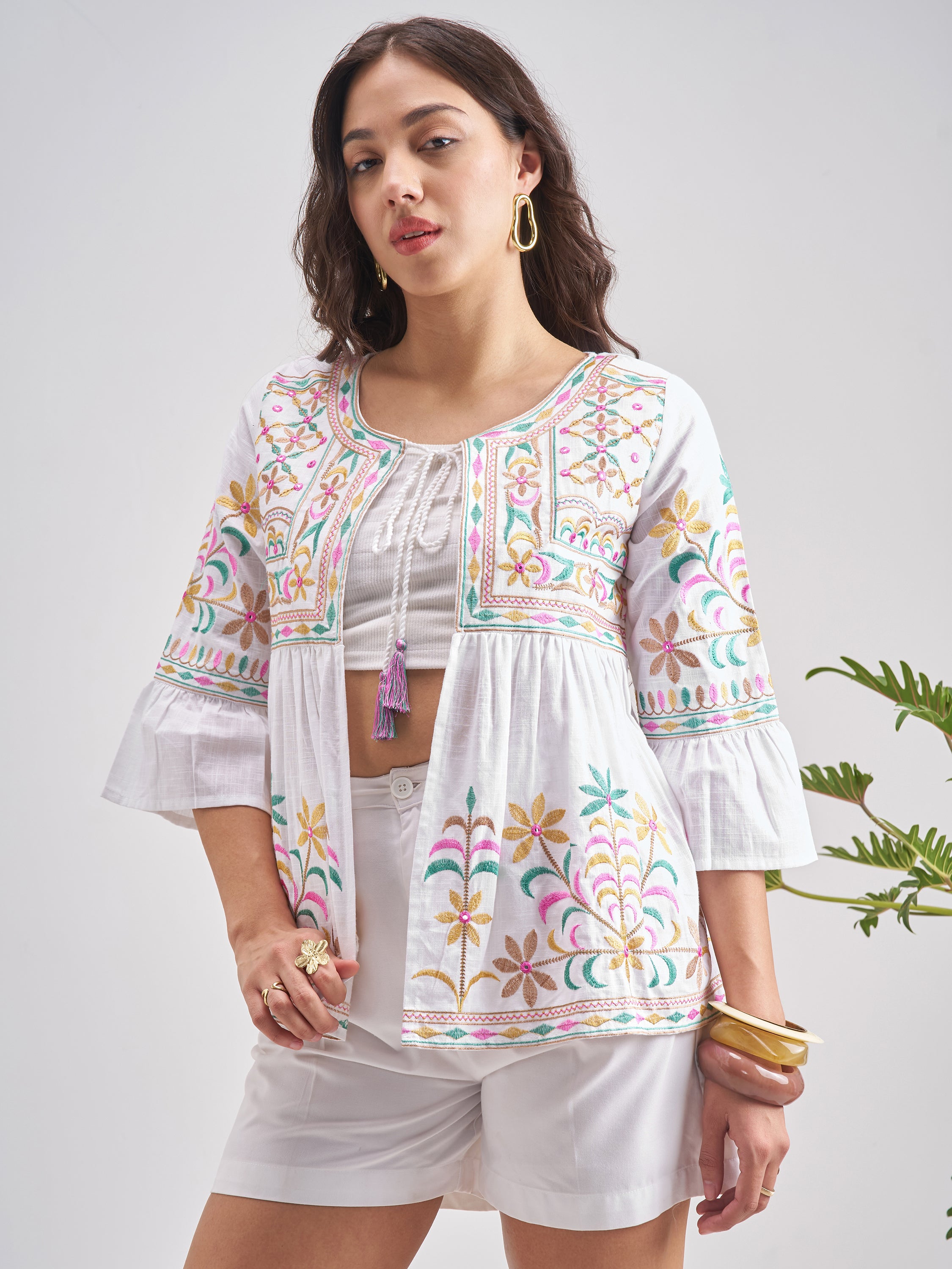 Vishudh Women WhiteEmbroidered Shrug - White - Image 4