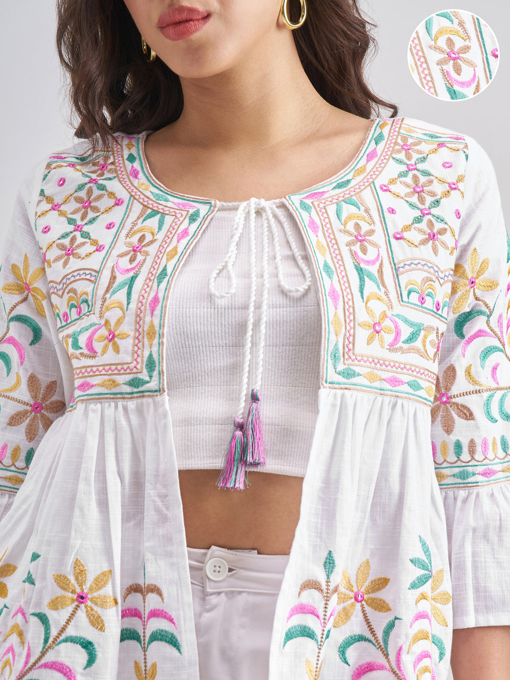Vishudh Women WhiteEmbroidered Shrug - White - Image 5