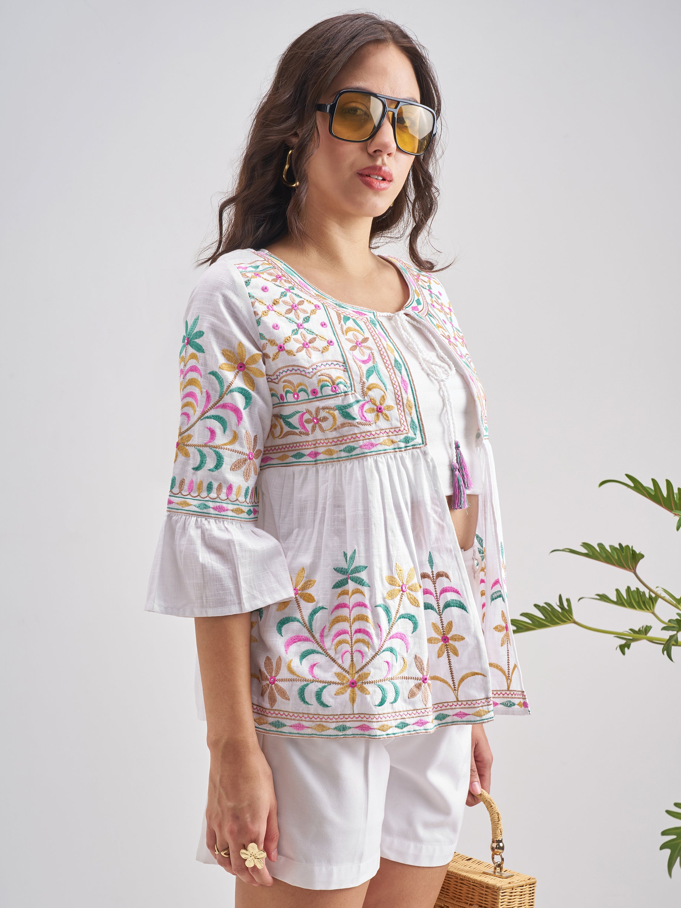 Vishudh Women WhiteEmbroidered Shrug - White - Image 6