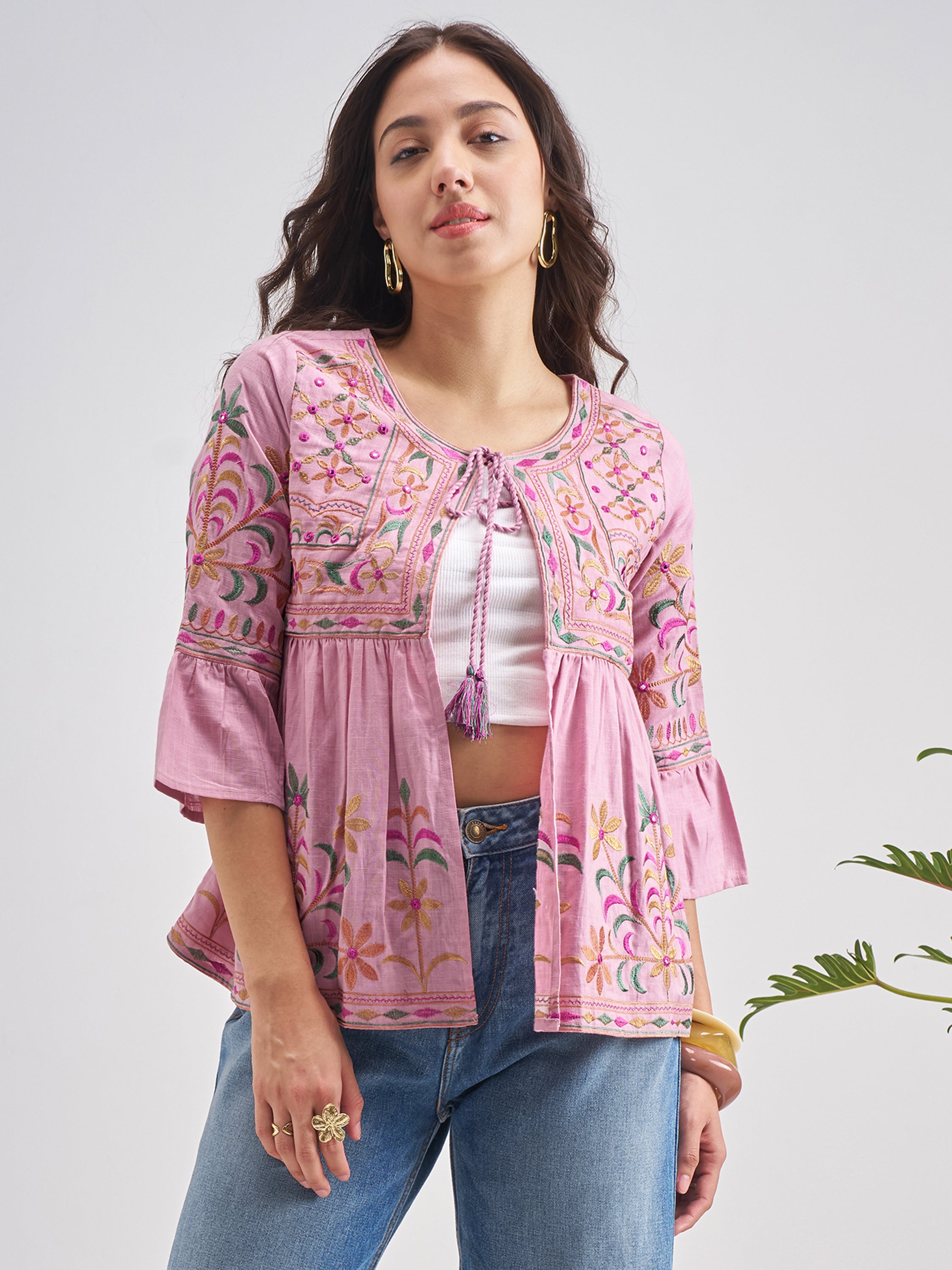 Vishudh Women PinkEmbroidered Shrug - Pink - Image 1