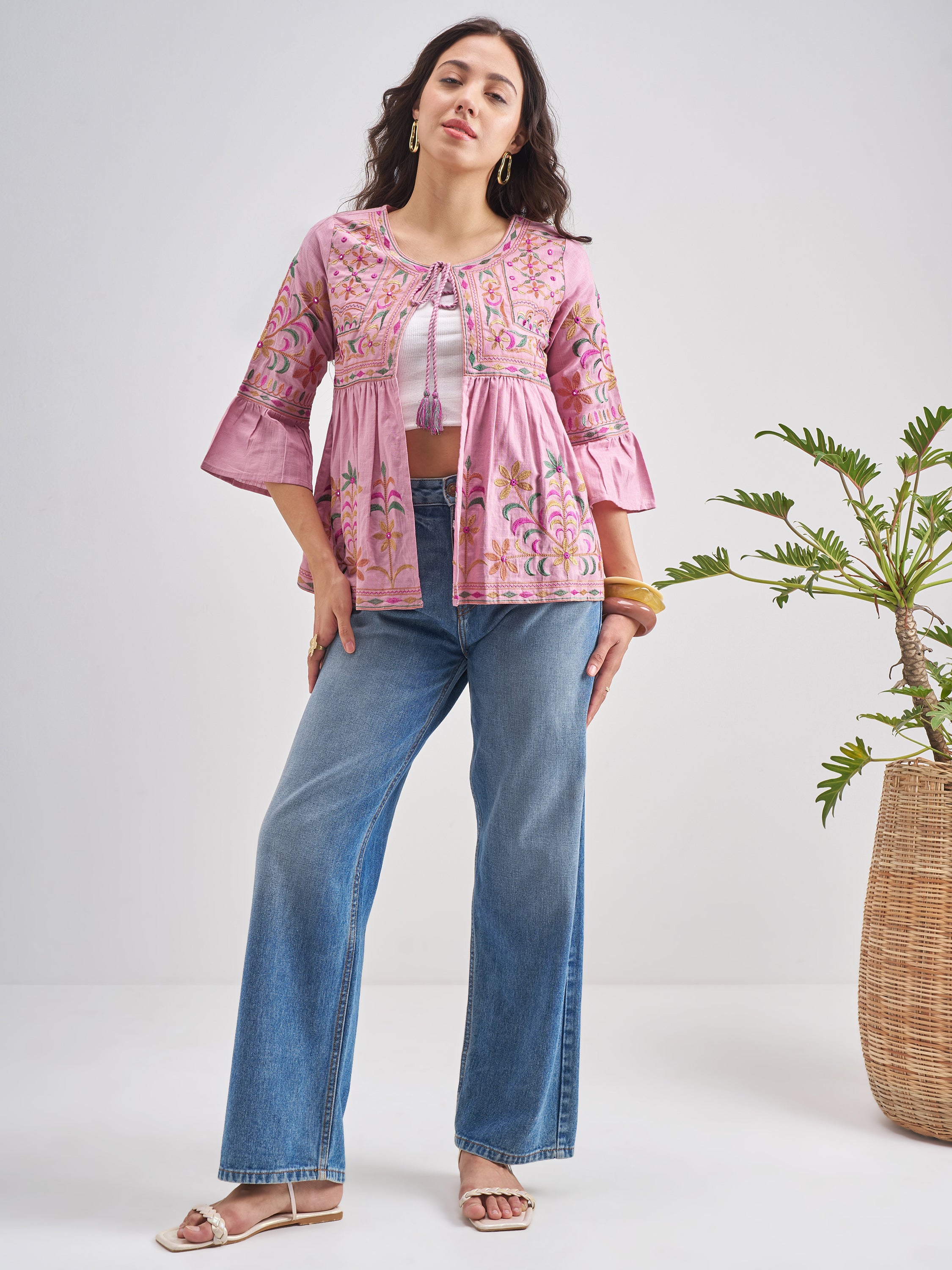 Vishudh Women PinkEmbroidered Shrug - Pink - Image 2