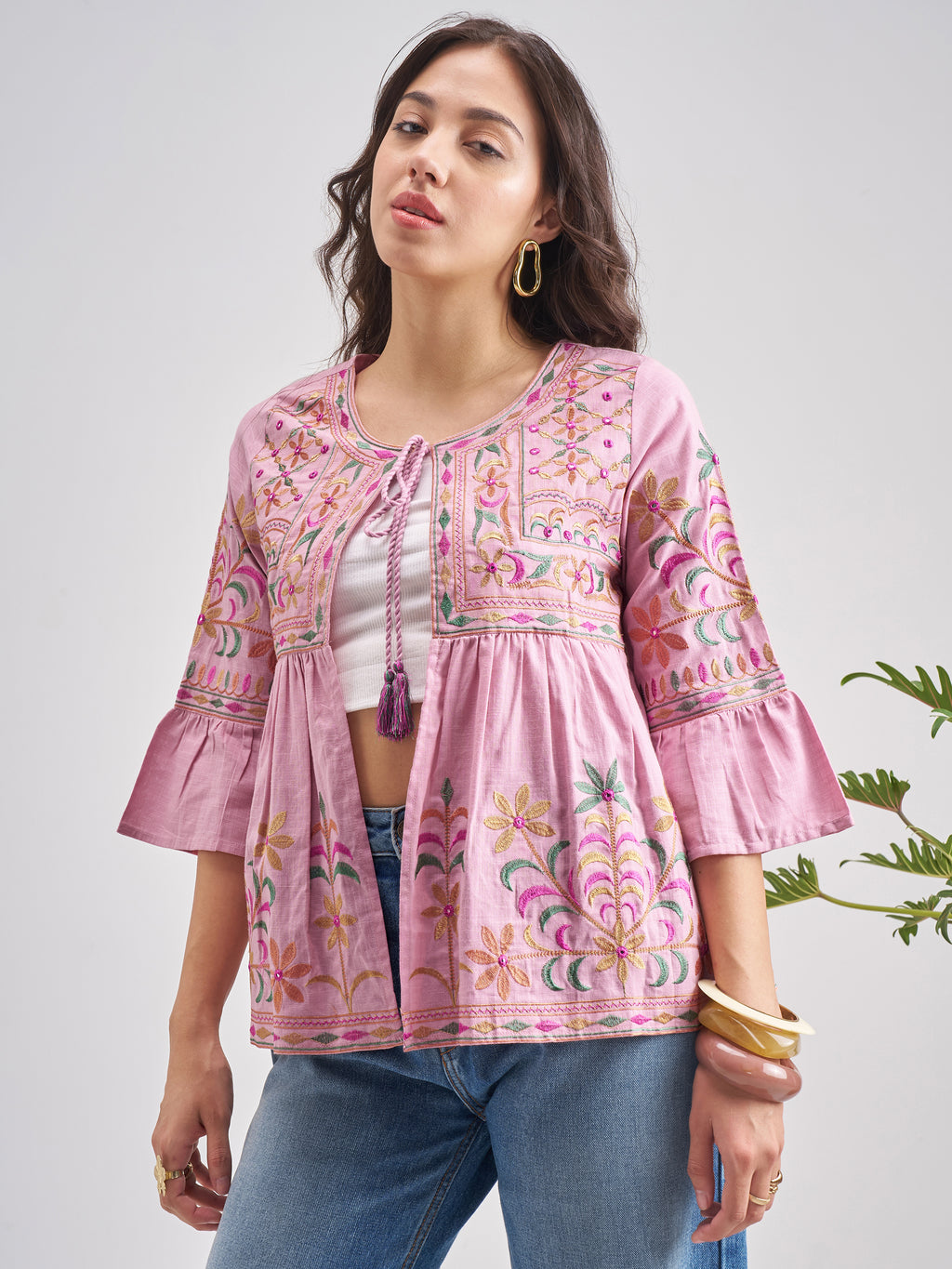 Vishudh Women PinkEmbroidered Shrug - Pink - Image 4