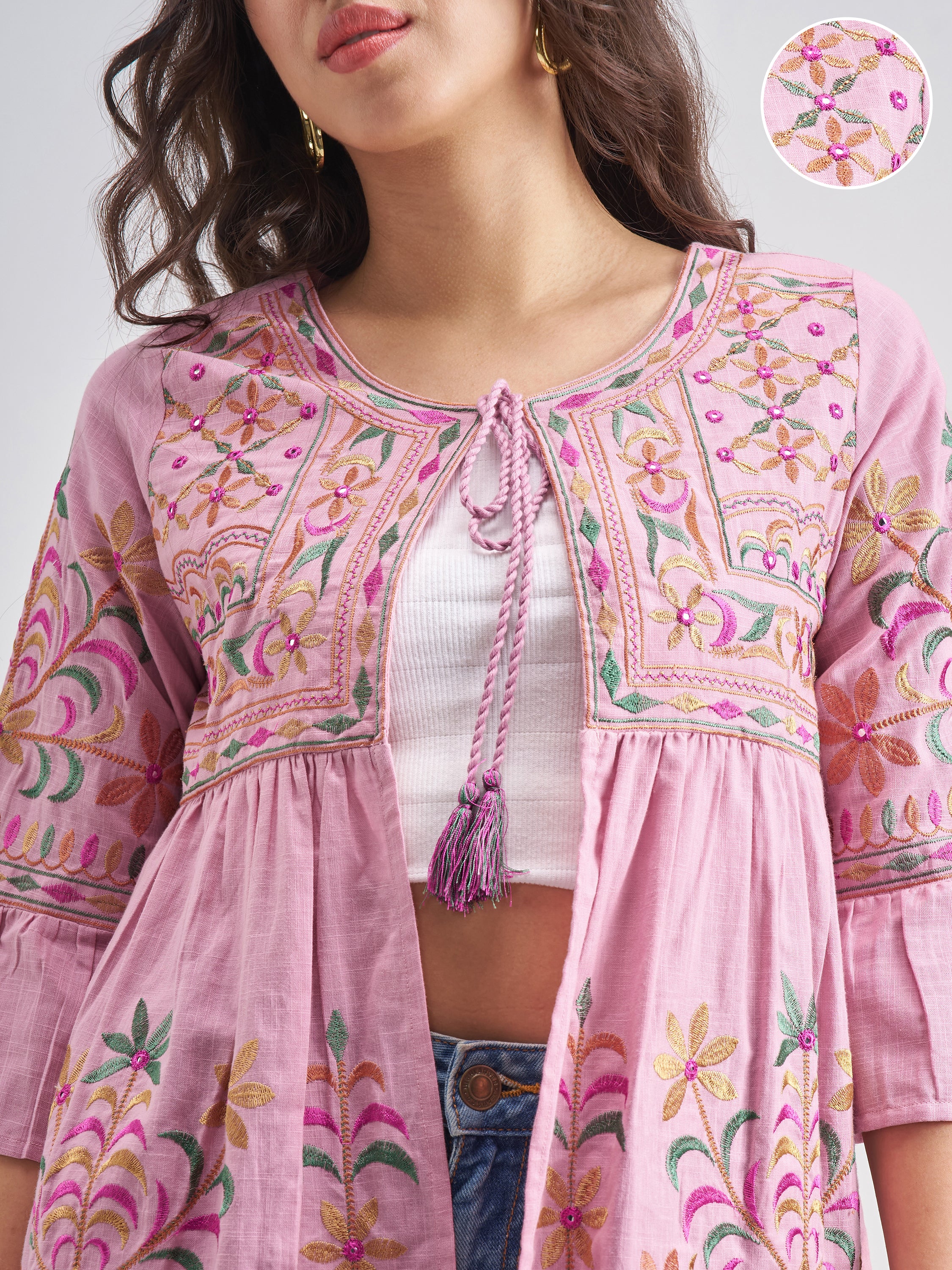 Vishudh Women PinkEmbroidered Shrug - Pink - Image 5
