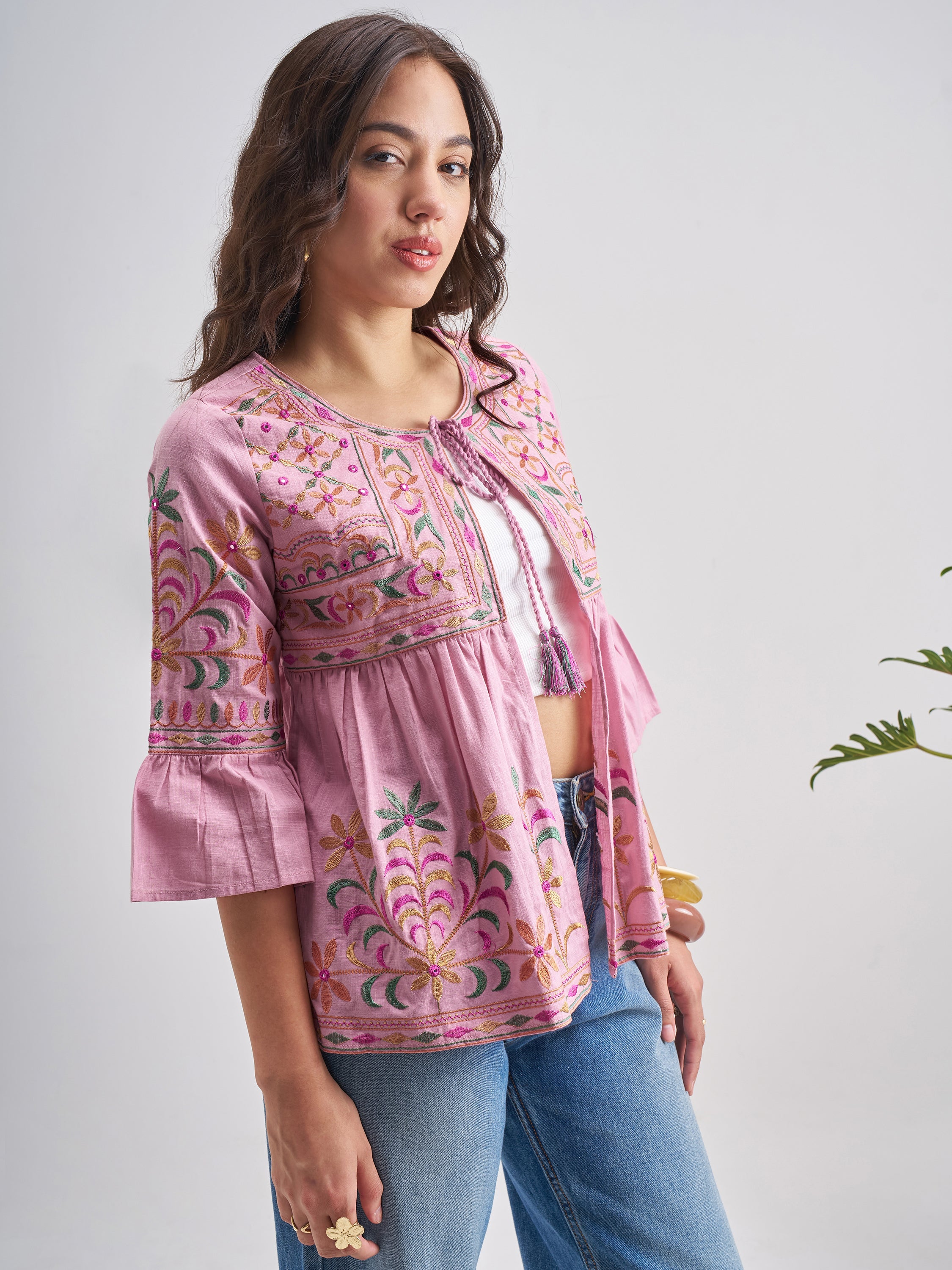 Vishudh Women PinkEmbroidered Shrug - Pink - Image 6
