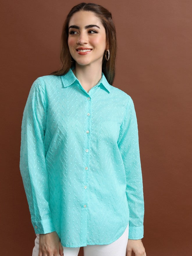 Vishudh Women Blue Self Design Regular Fit Casual Shirt - Blue - Image 1