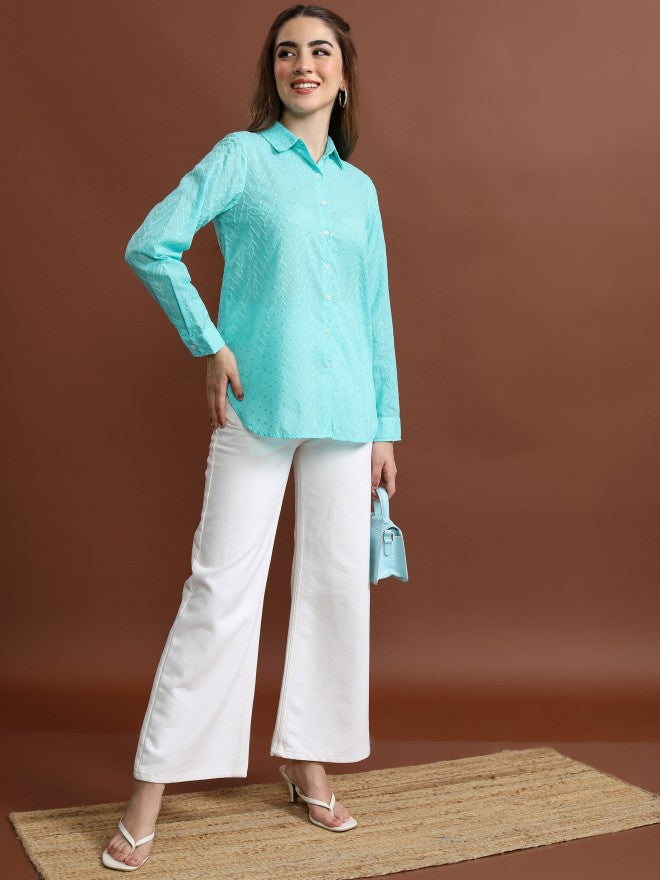 Vishudh Women Blue Self Design Regular Fit Casual Shirt - Blue - Image 2