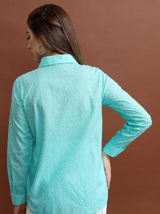 Vishudh Women Blue Self Design Regular Fit Casual Shirt - Blue - Image 3