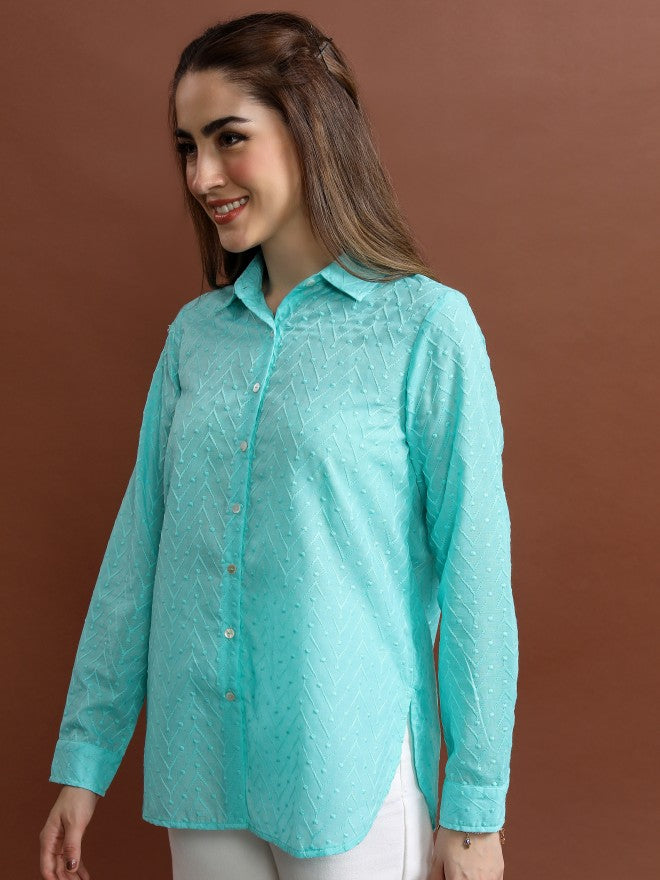 Vishudh Women Blue Self Design Regular Fit Casual Shirt - Blue - Image 4