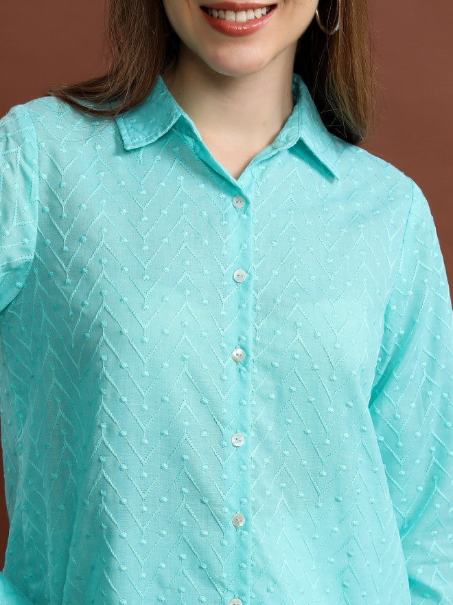 Vishudh Women Blue Self Design Regular Fit Casual Shirt - Blue - Image 5