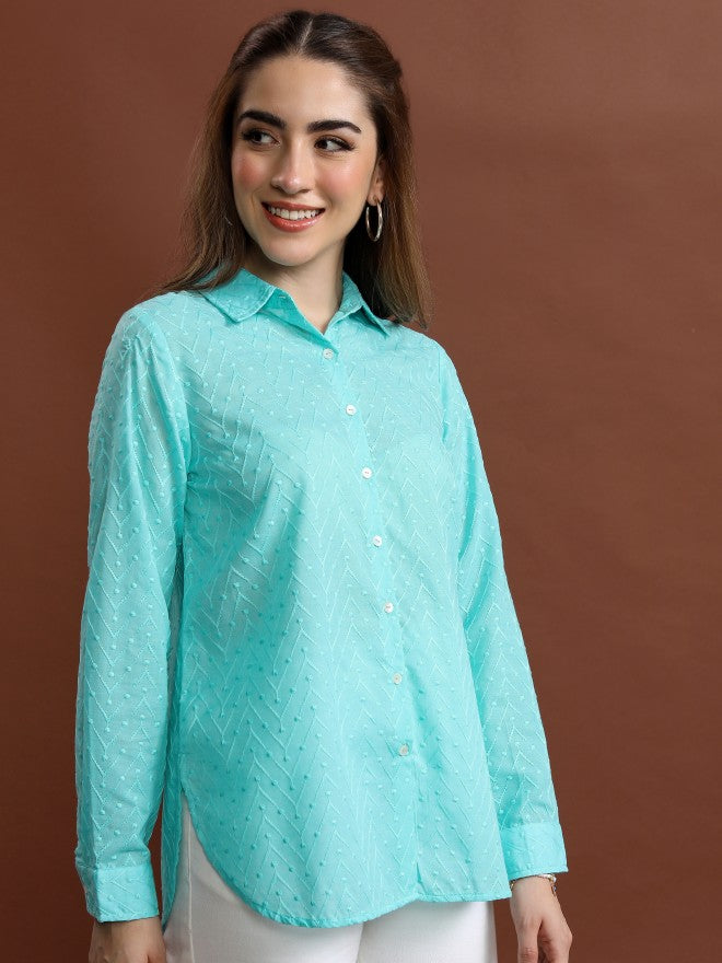 Vishudh Women Blue Self Design Regular Fit Casual Shirt - Blue - Image 6