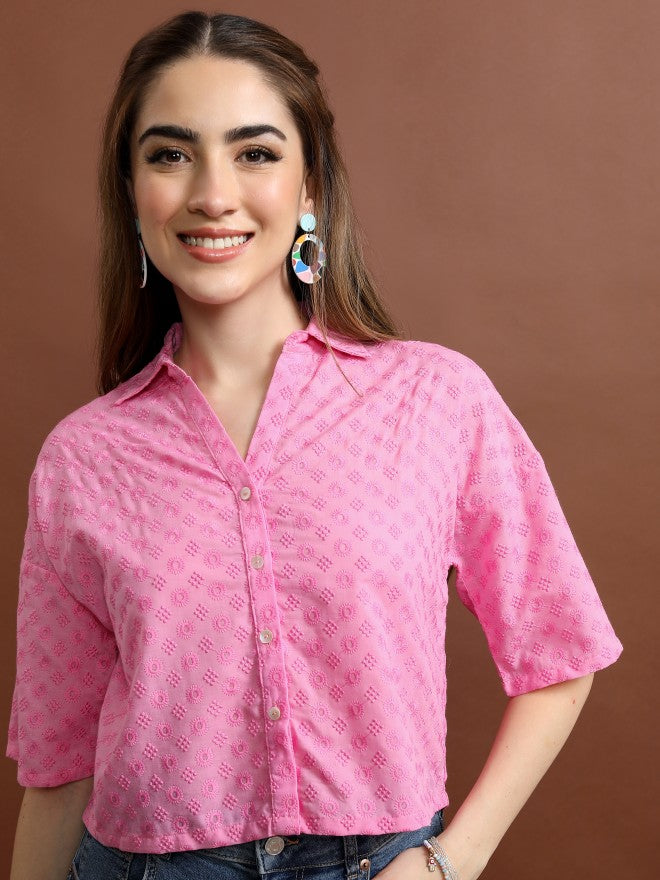 Vishudh Women Pink Self Design Casual Shirt - Pink - Image 1
