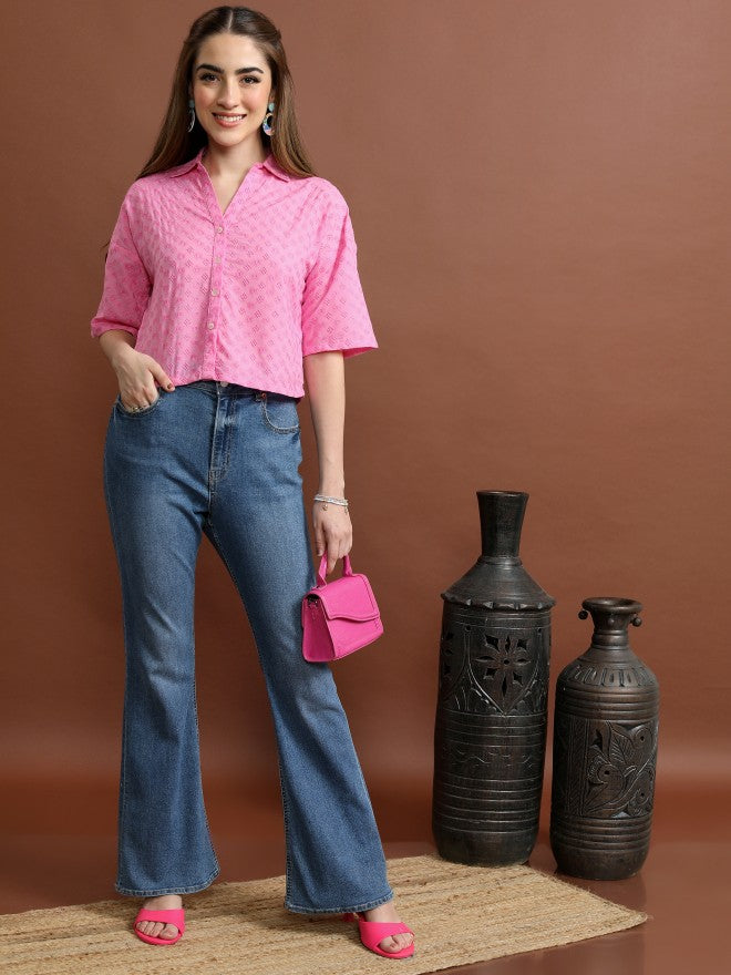 Vishudh Women Pink Self Design Casual Shirt - Pink - Image 2