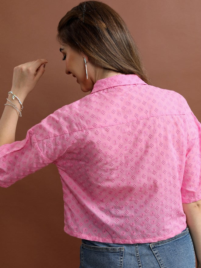 Vishudh Women Pink Self Design Casual Shirt - Pink - Image 3