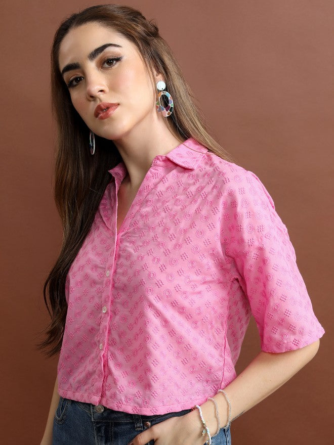 Vishudh Women Pink Self Design Casual Shirt - Pink - Image 4