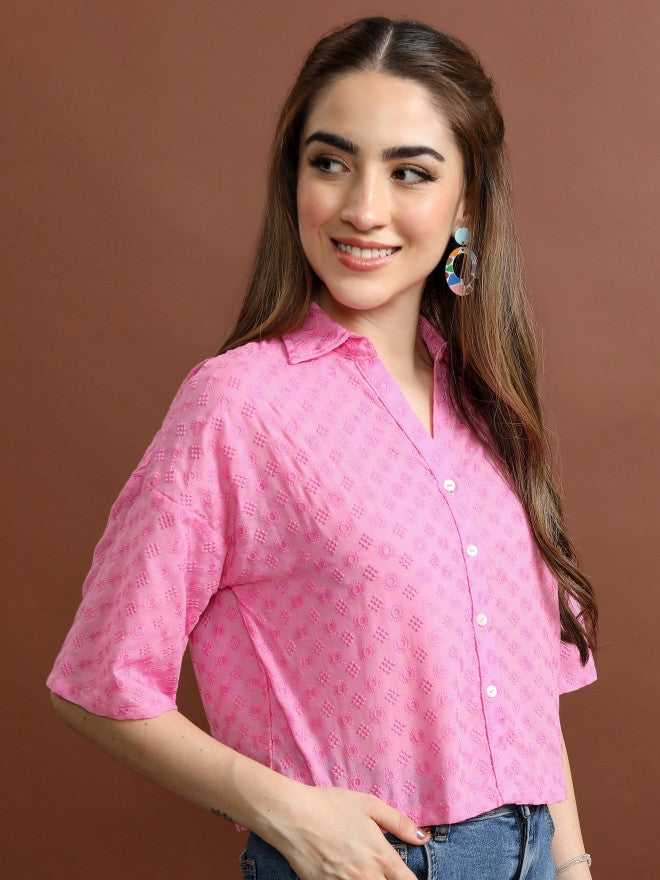 Vishudh Women Pink Self Design Casual Shirt - Pink - Image 6