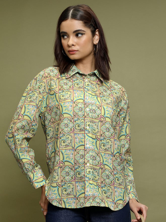 Vishudh Women Green Printed Casual Shirts - Green - Image 1