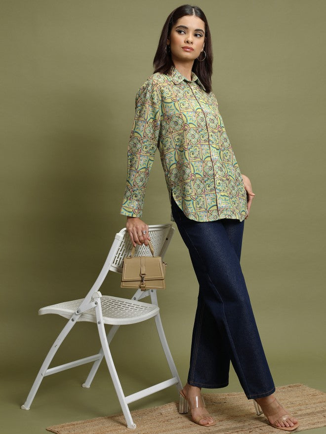 Vishudh Women Green Printed Casual Shirts - Green - Image 2