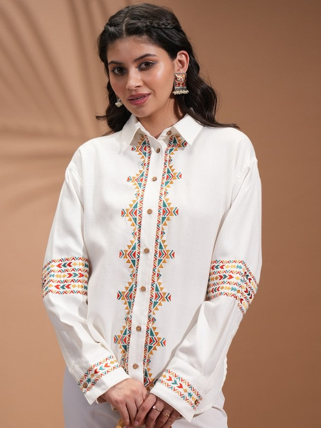 Vishudh Women Off White Embroidered Casual Shirt - Off White - Image 1