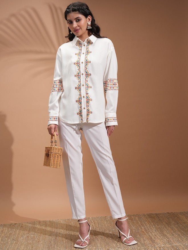 Vishudh Women Off White Embroidered Casual Shirt - Off White - Image 2